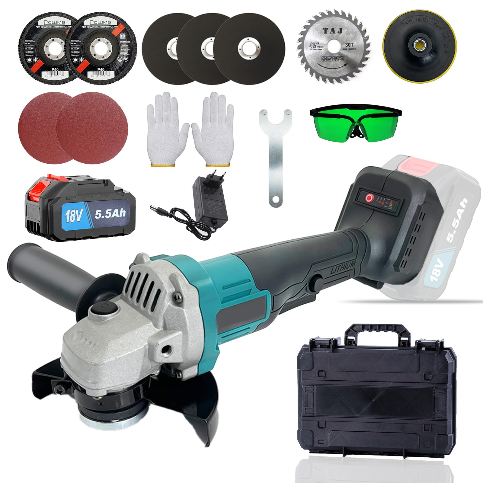 Акумуляторна кутова шліфувальна машина Replacement для Makita 125 мм з 2 x 5.5Ah акумулятором і зарядним пристроєм, фото №1