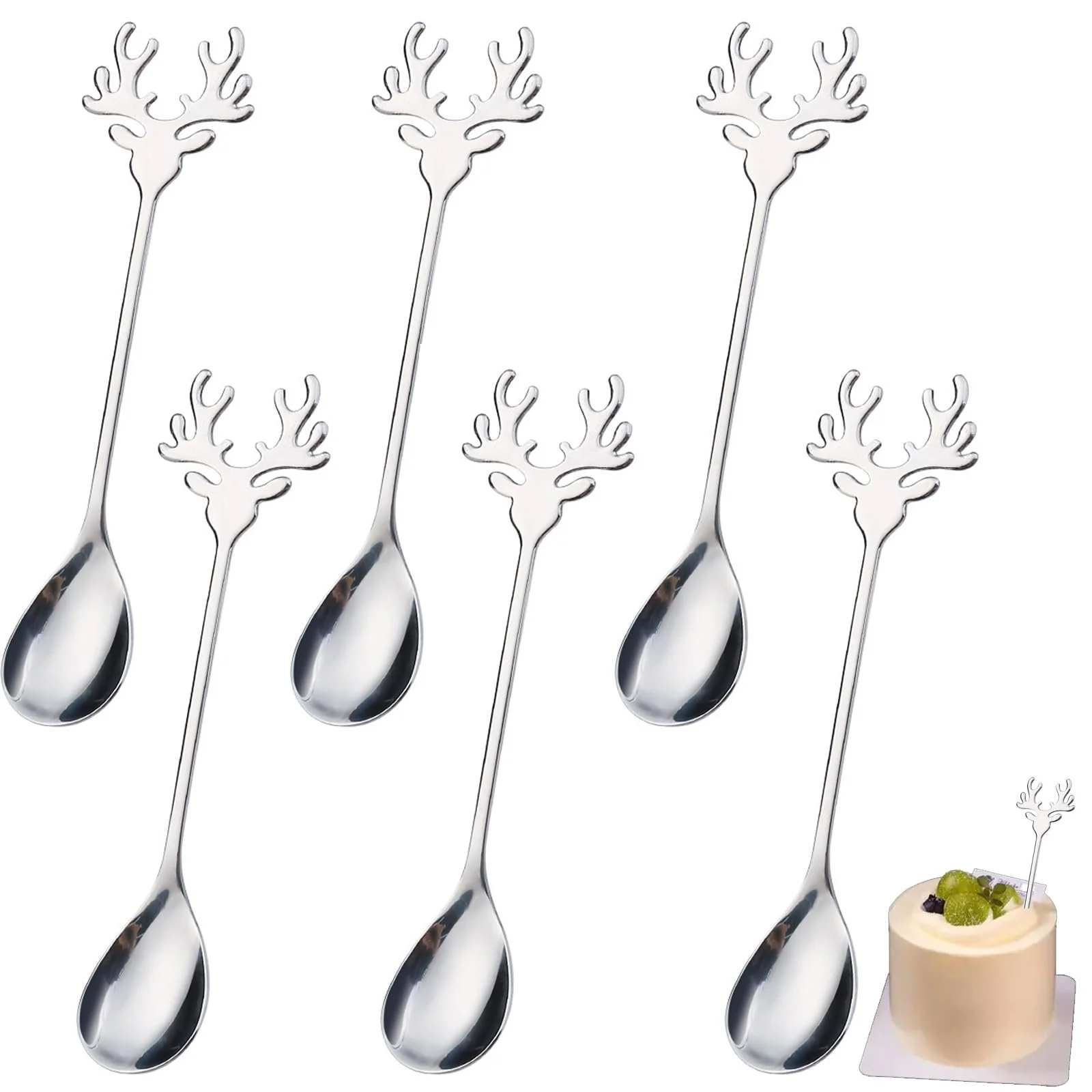 Набор из 6 ложек для смешивания Elk, ложки Elk, рождественские ложки, набор рождественских кофейных ложек из нержавеющей стали, подарочная ложка для торта, маленькая домашняя ложка, чайная ложка (серебряная), фото №1