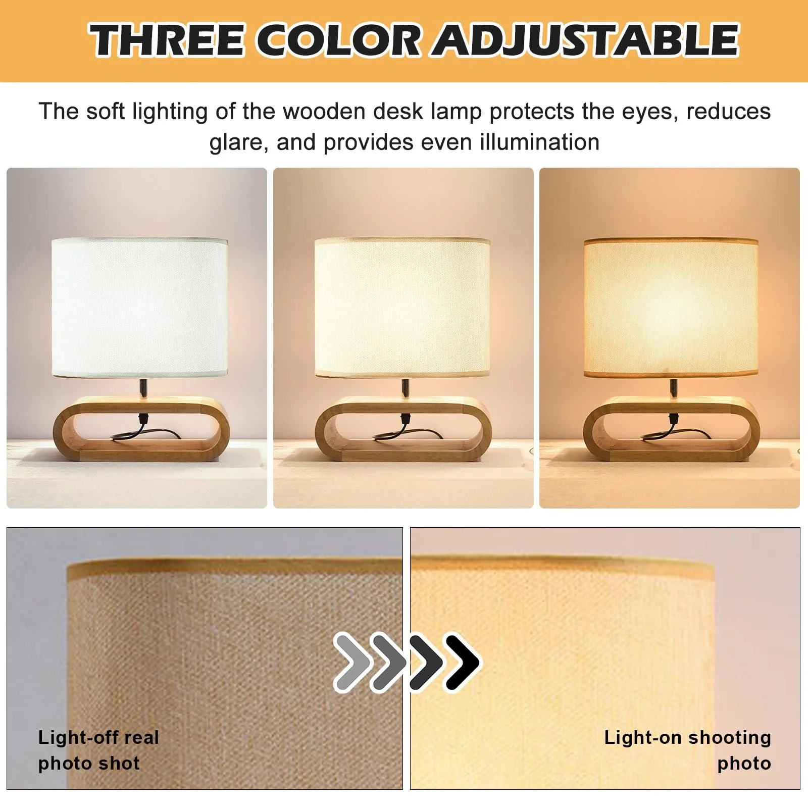 Настільна лампа SUNOYA дерев'яна з лляним плафоном та 3 режимами світла, фото №5