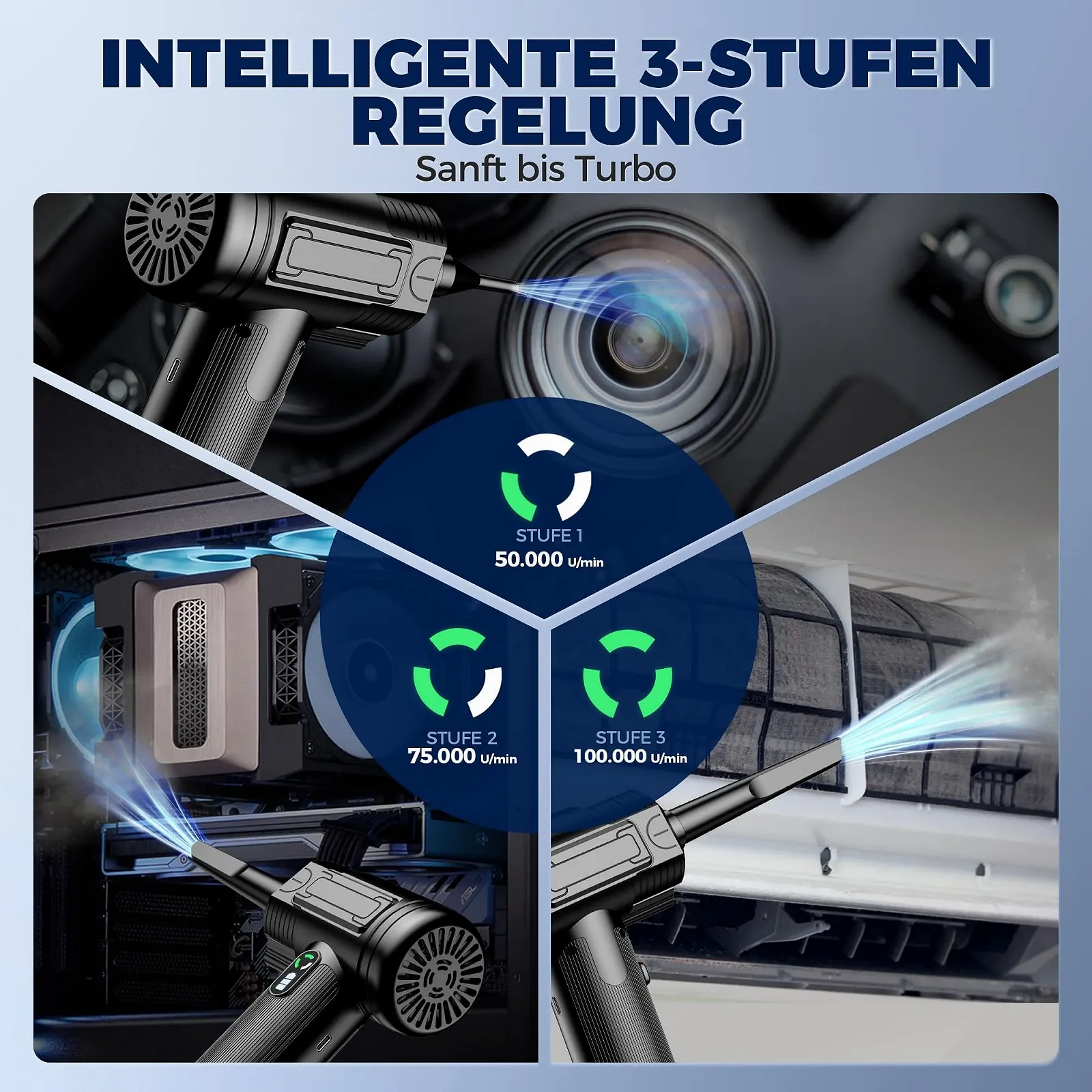 Бездротова електрична повітродувка RADCLO 3 рівні 100,000 rpm USB-C LED 7500 mAh Чорна, фото №3 Бездротова електрична повітродувка RADCLO 3 рівні 100,000 rpm USB-C LED 7500 mAh Чорна, фото №3