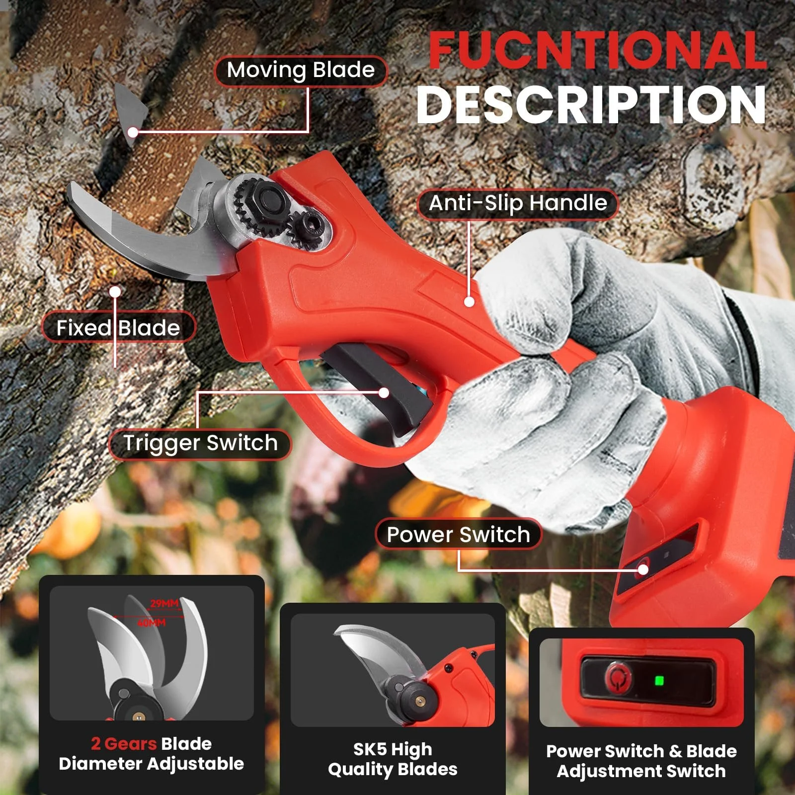 Акумуляторні секатори ONEVAN 30 мм, електричні секатори з 2 акумуляторами 1500 мАг, фото №2