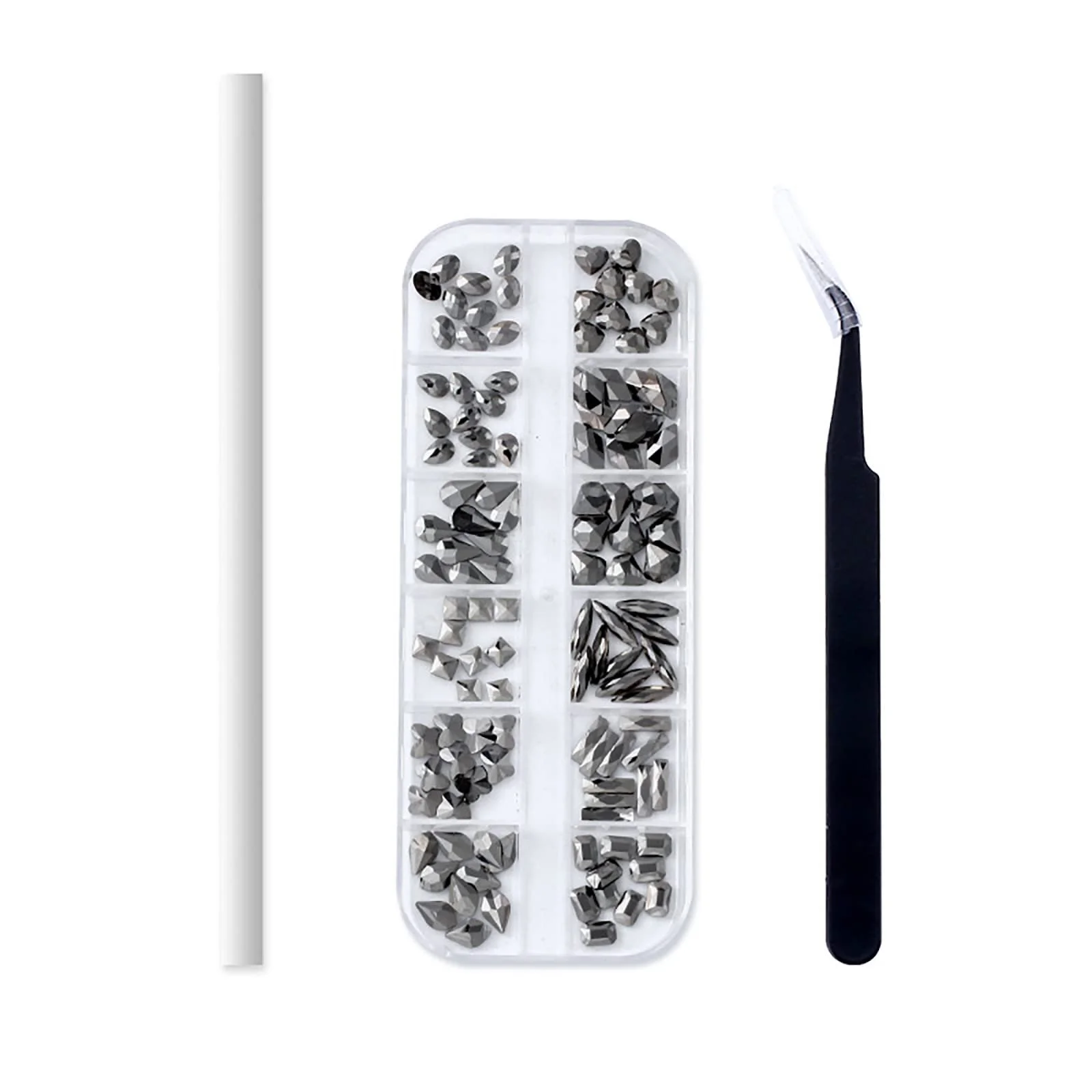 Стрази для нігтів Сірі, 1 набір, 12 комірок, плоскі, різних форм, фото №1