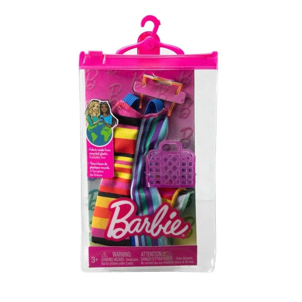 Одяг для ляльки Barbie HJT22, довга сукня з малюнком, сумочка і сонцезахисні окуляри, фото №1