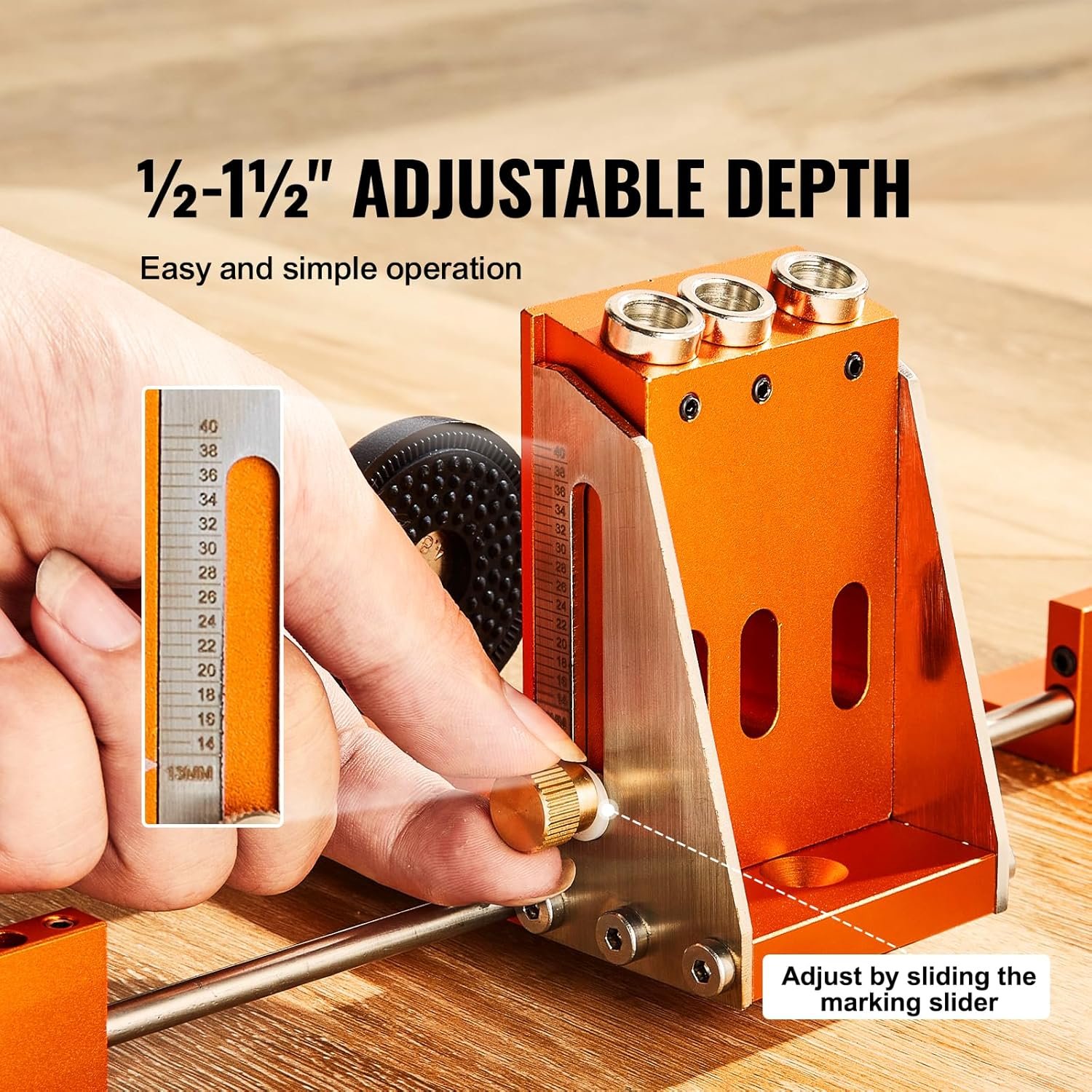 Кондуктор для косих отворів VEVOR XRS040 / 9.5 мм діаметр свердла / Регульована глибина 12.7-38.1 мм / Чорний-Помаранчевий, фото №3