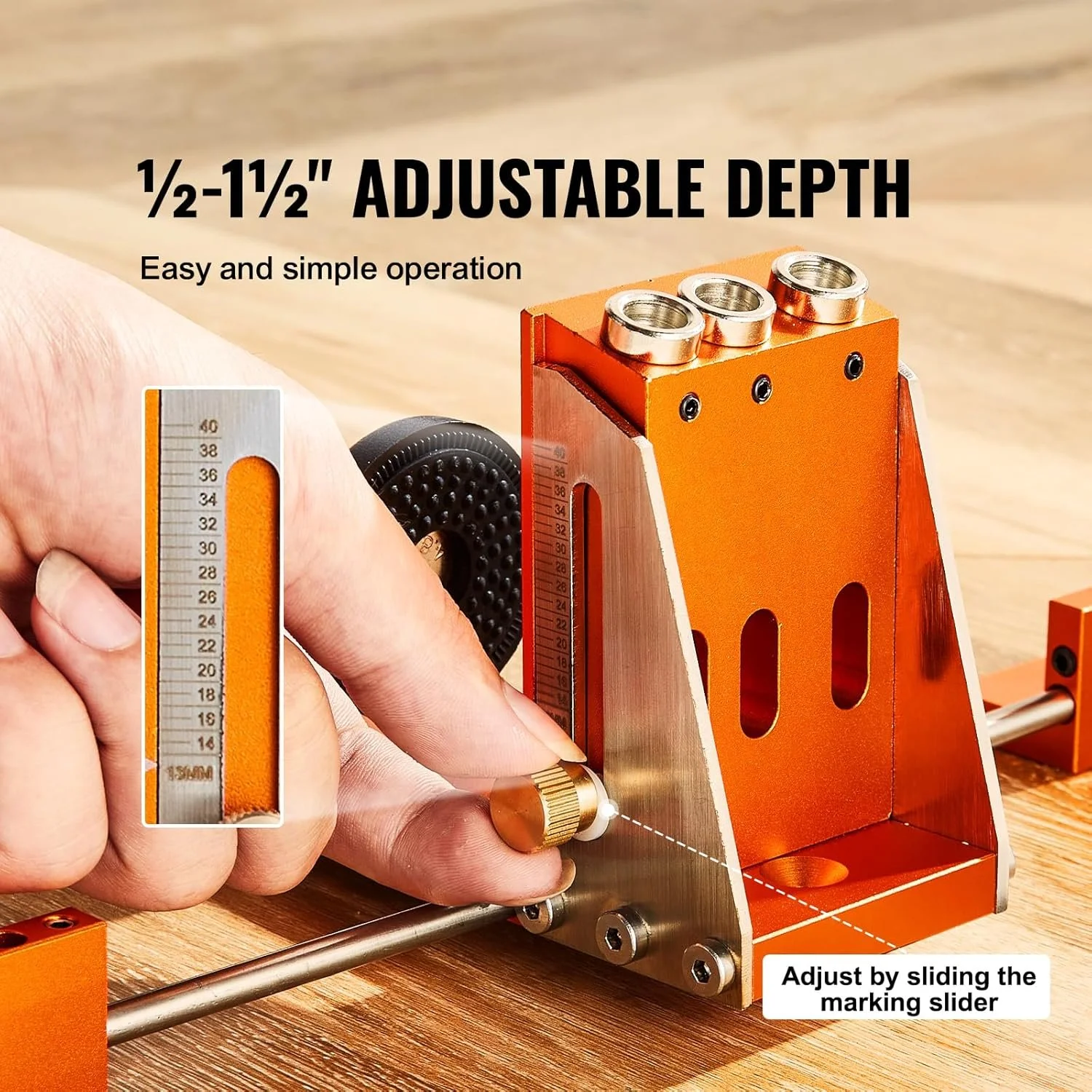 Професійний кондуктор для косих отворів VEVOR XRS040 / 9.5 мм діаметр свердла / Регульована глибина 12.7-38.1 мм / Алюмінієвий сплав / Чорний-Помаранчевий, фото №3