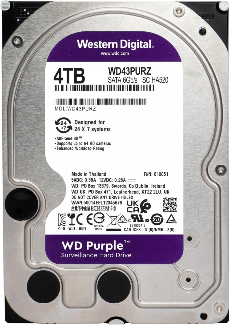 Внутрішній жорсткий диск 3.5" Western Digital Purple 4TB 5400 об\хв 180 Мб\с SATA III (WD43PURZ), фото №2