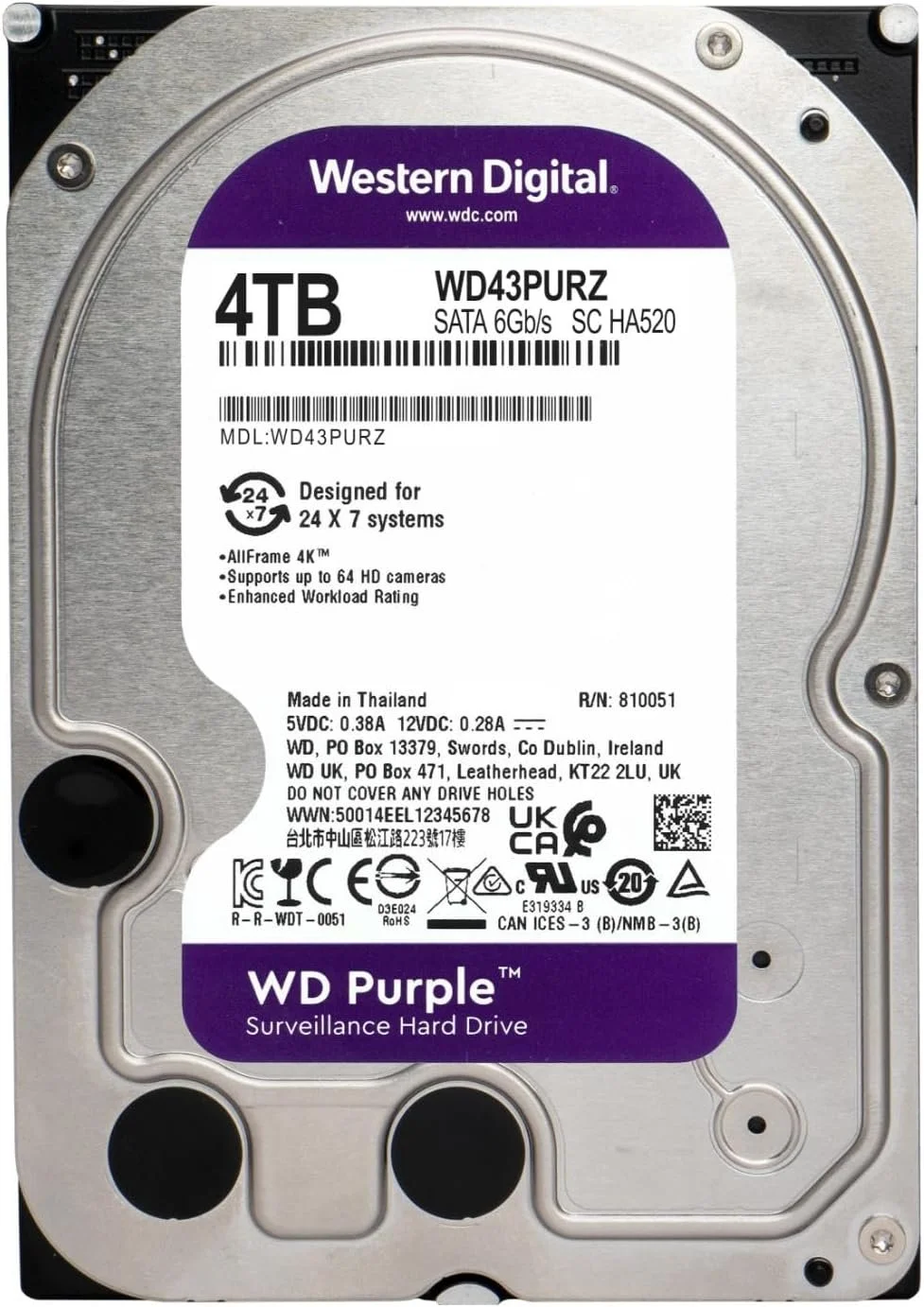Внутрішній жорсткий диск 3.5" Western Digital Purple 4TB 5400 об\хв 180 Мб\с SATA III (WD43PURZ), фото №2