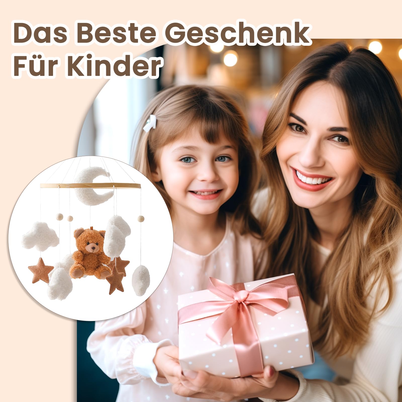 Мобіль Baby Bed Bell з ведмежам дерев'яний для дівчаток вішаний мобіль Вітрозвучка для дитячого ліжечка (коричневий), фото №4