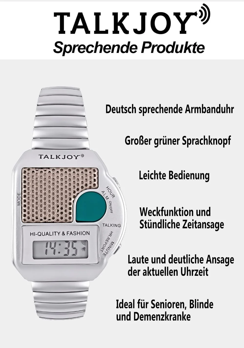 Говорящие часы TalkJoy с металлическим ремешком, будильник, голосовое объявление времени для слабовидящих, кнопочное управление, фото №3 Говорящие часы TalkJoy с металлическим ремешком, будильник, голосовое объявление времени для слабовидящих, кнопочное управление, фото №3
