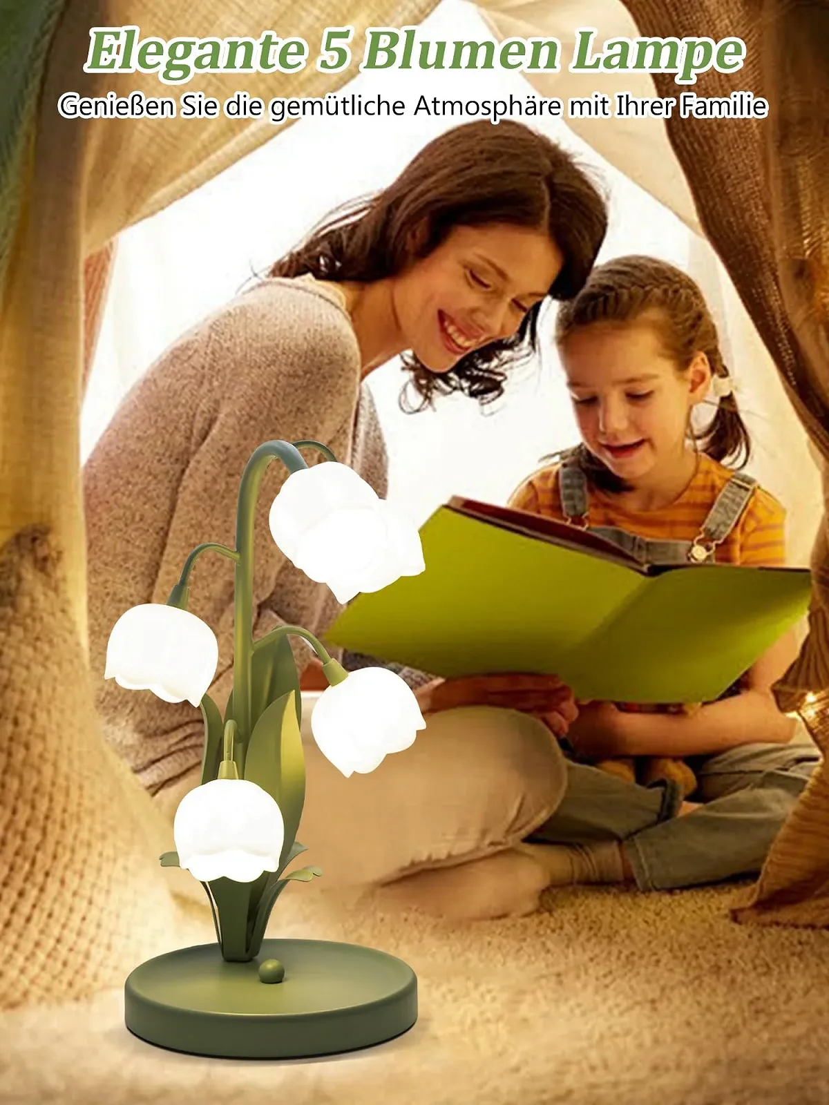 Настільна лампа Flower 5 лілій вінтажна зелена 3 режими кольору LED приліжкова для читання, фото №4