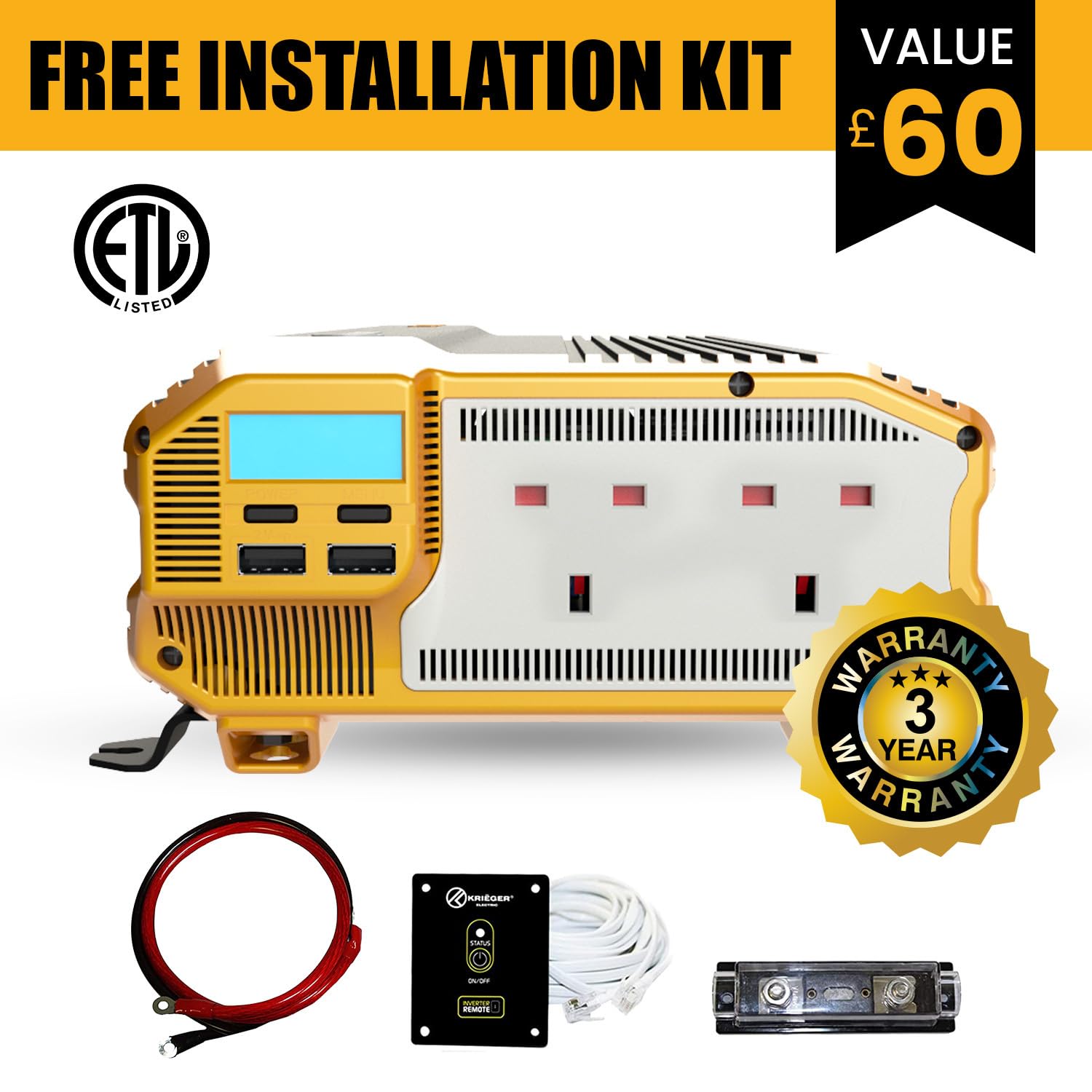 Инвертор K KRIËGER Krieger 12 V DC до 230 V AC Модифицированная синусоидальная волна 230 Вольт UK 3-контактные розетки и два USB разъема, фото №5