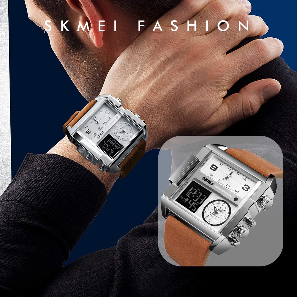 Часы SKMEI LED Квадрат Большой Циферблат Кварцевые Наручные Мужские Мультизональный Водонепроницаемый Хронограф Серебристо-Коричневый Ремешок, фото №4