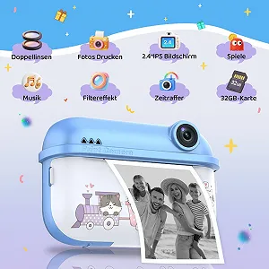 Детская камера мгновенной печати 48 МП Dual Camera 1080P 2,4" IPS 8x Zoom 32 ГБ TF бумага для печати Blue synthetic.ua - Фото 1