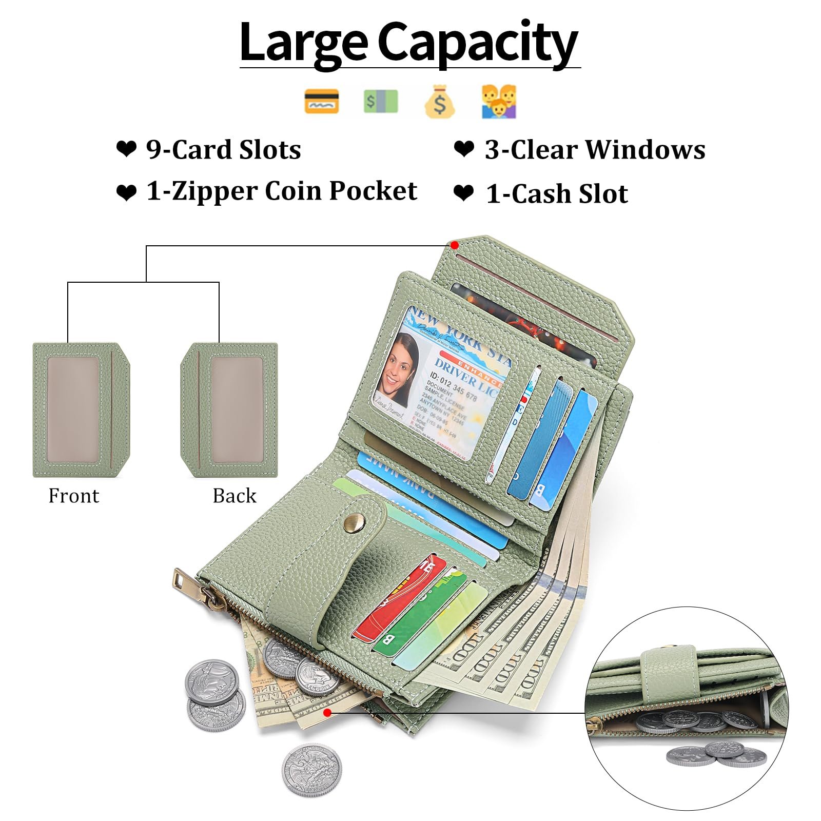 Кошелек GAEKEAO Женский Маленький RFID защита Светло-зеленый, фото №2