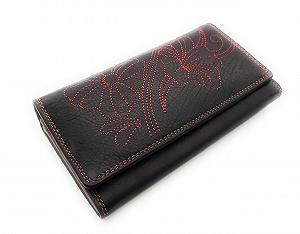 Кошелек Женский из Кожи Jockey Club Flower с RFID защитой и цветочной вышивкой Черный Красный - Фото 1