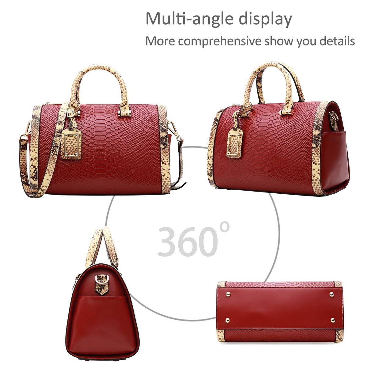 Сумка с ручкой сверху NICOLE & DORIS, кожаная, винтажная, с тиснением под крокодила, винно-красная, фото №5