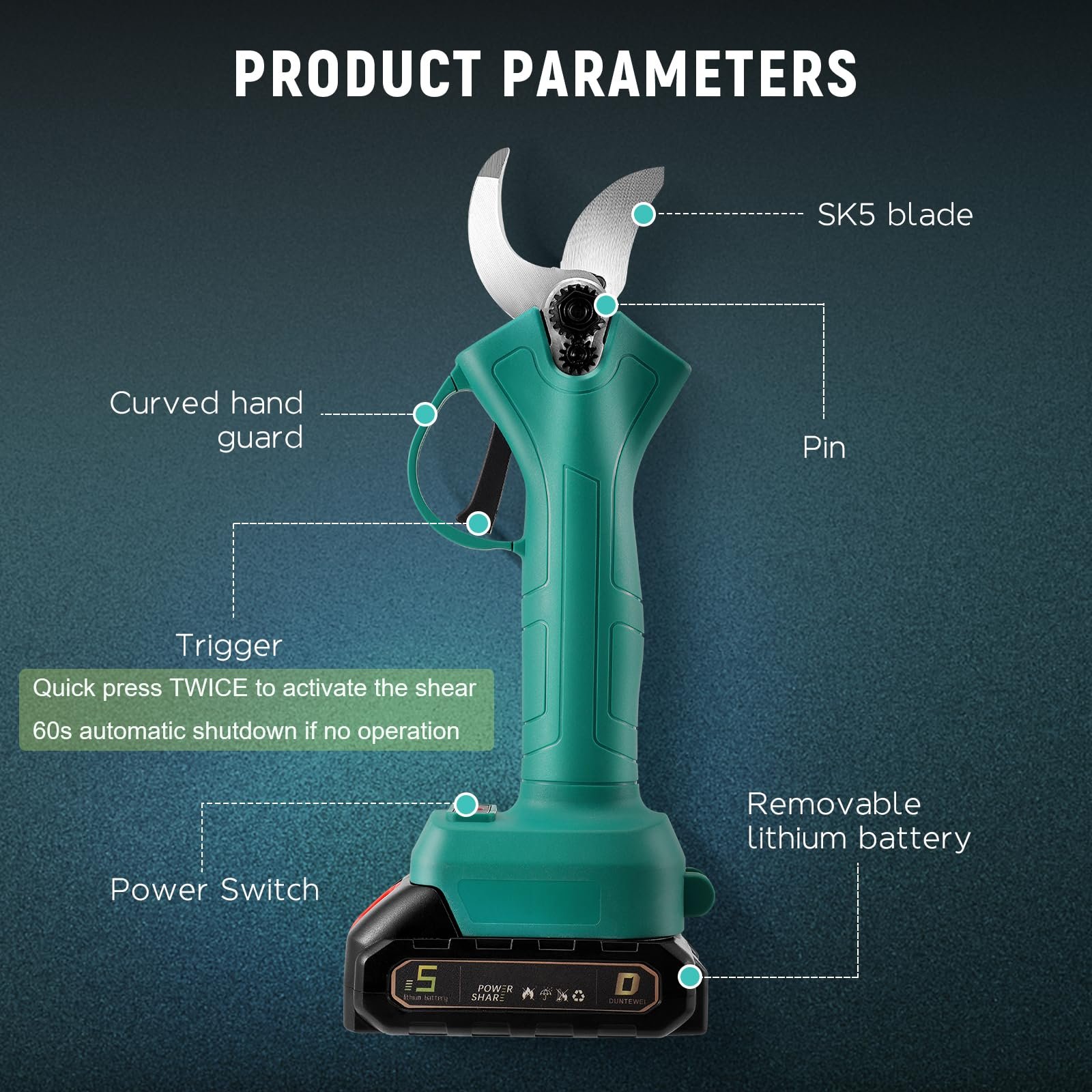 Електричний секатор Акумуляторний Professional Сумісний з Makita 21 V батареєю, Макс. 30 мм Діаметр різу, SK5 леза, безщітковий двигун, для садівництва, фото №3