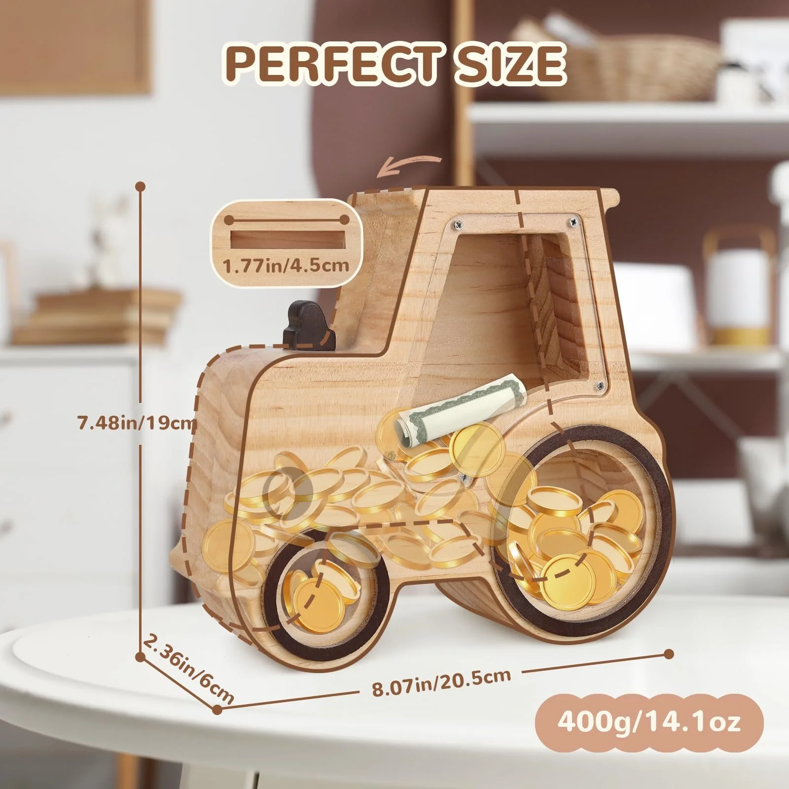 Скарбничка дерев'яна дитяча Трактор з маркером та наклейками, фото №2