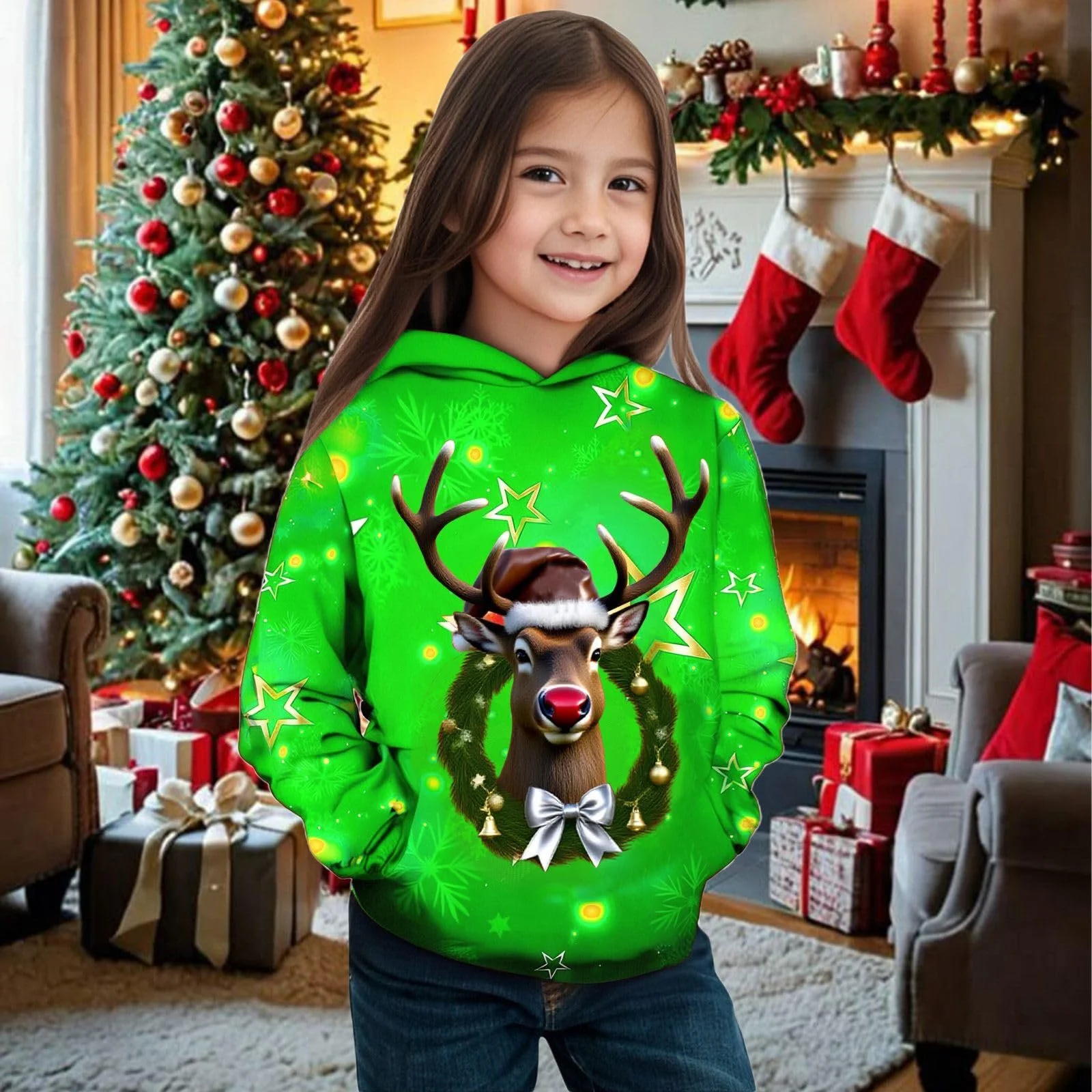 Різдвяний світшот для дівчат, святкове худі з принтом оленів, теплий флісовий, фото №2