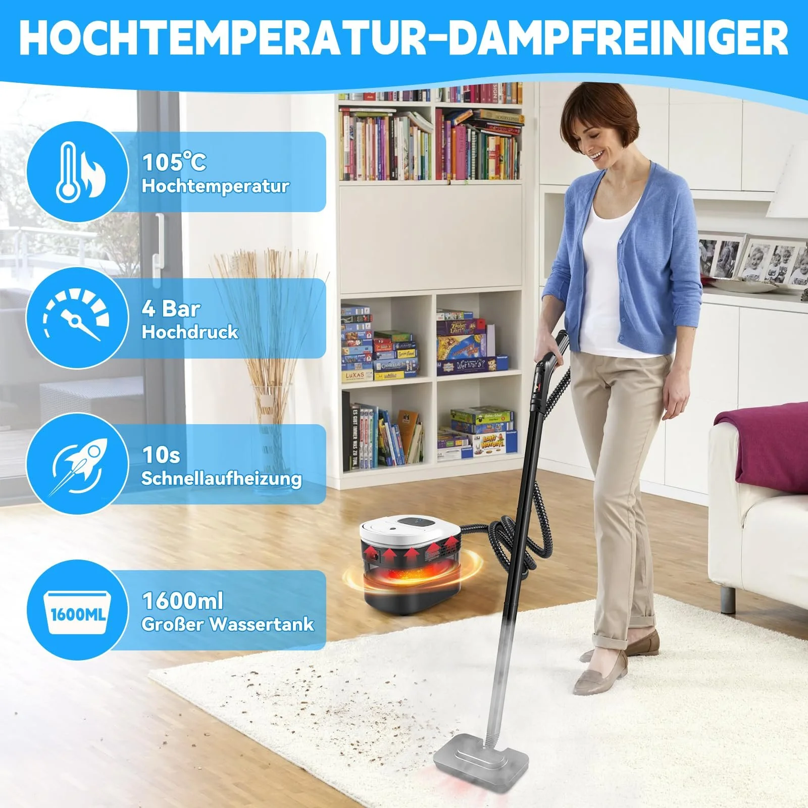 Пароочисник ручний 2500 Вт з 15 аксесуарами 4.5 бар 1600 мл переносний, фото №2