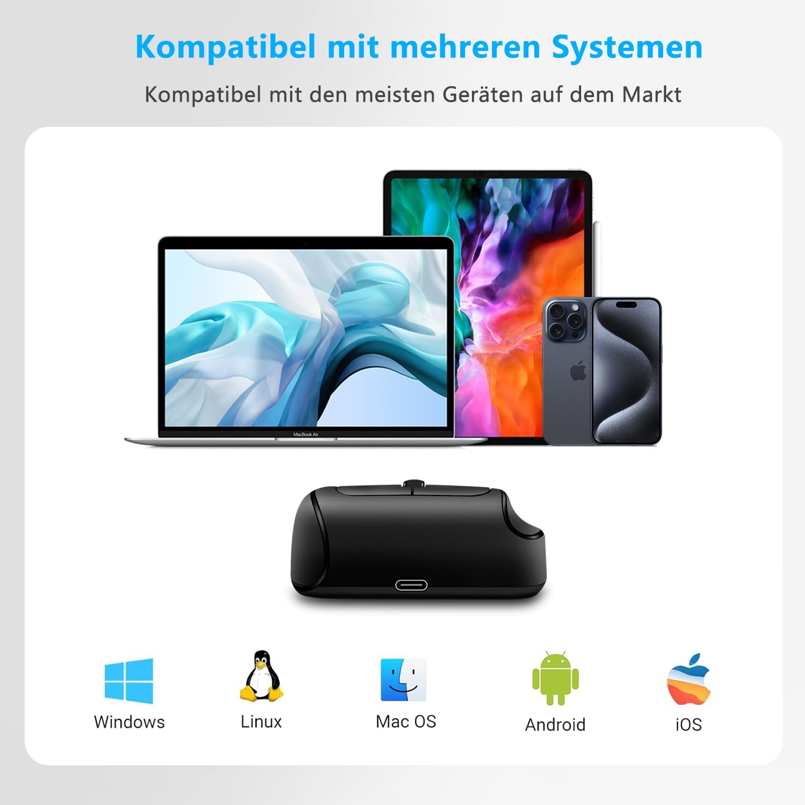 Мышь Bluetooth Horizontal, беспроводная перезаряжаемая (Dual Mode: BT 5.0 + 2.4G) 3200DPI Adjustable, тихая эргономичная для ноутбука, ПК, компьютера / Windows / Mac OS /, фото №7