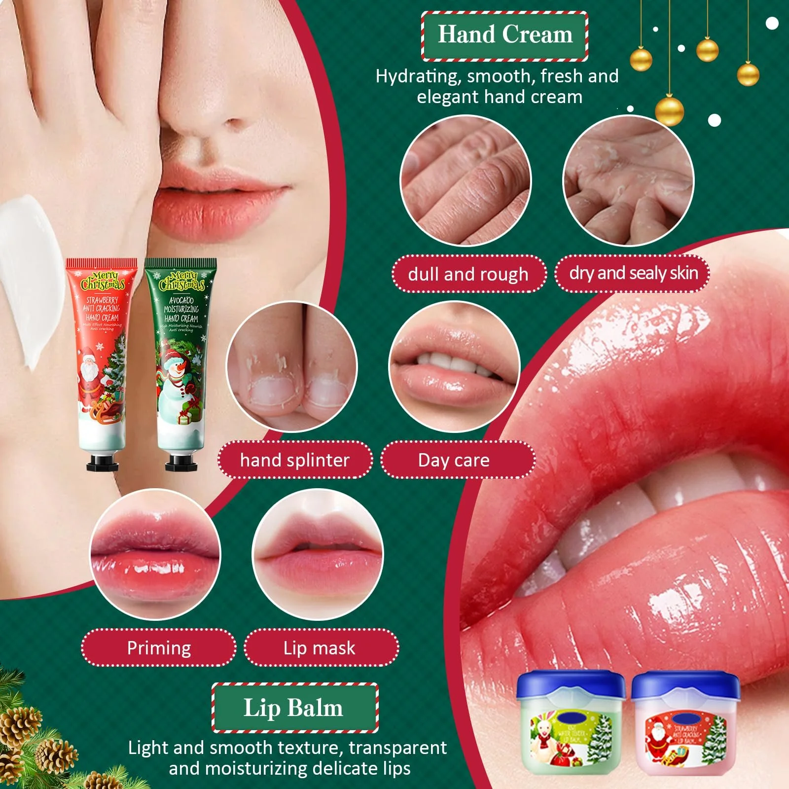 Набор из 8 рождественских бальзамов для губ и кремов для рук, питательный и увлажняющий крем для рук, рождественские подарки, для сухой и потрескавшейся кожи губ и рук, для женщин и мужчин, фото №5