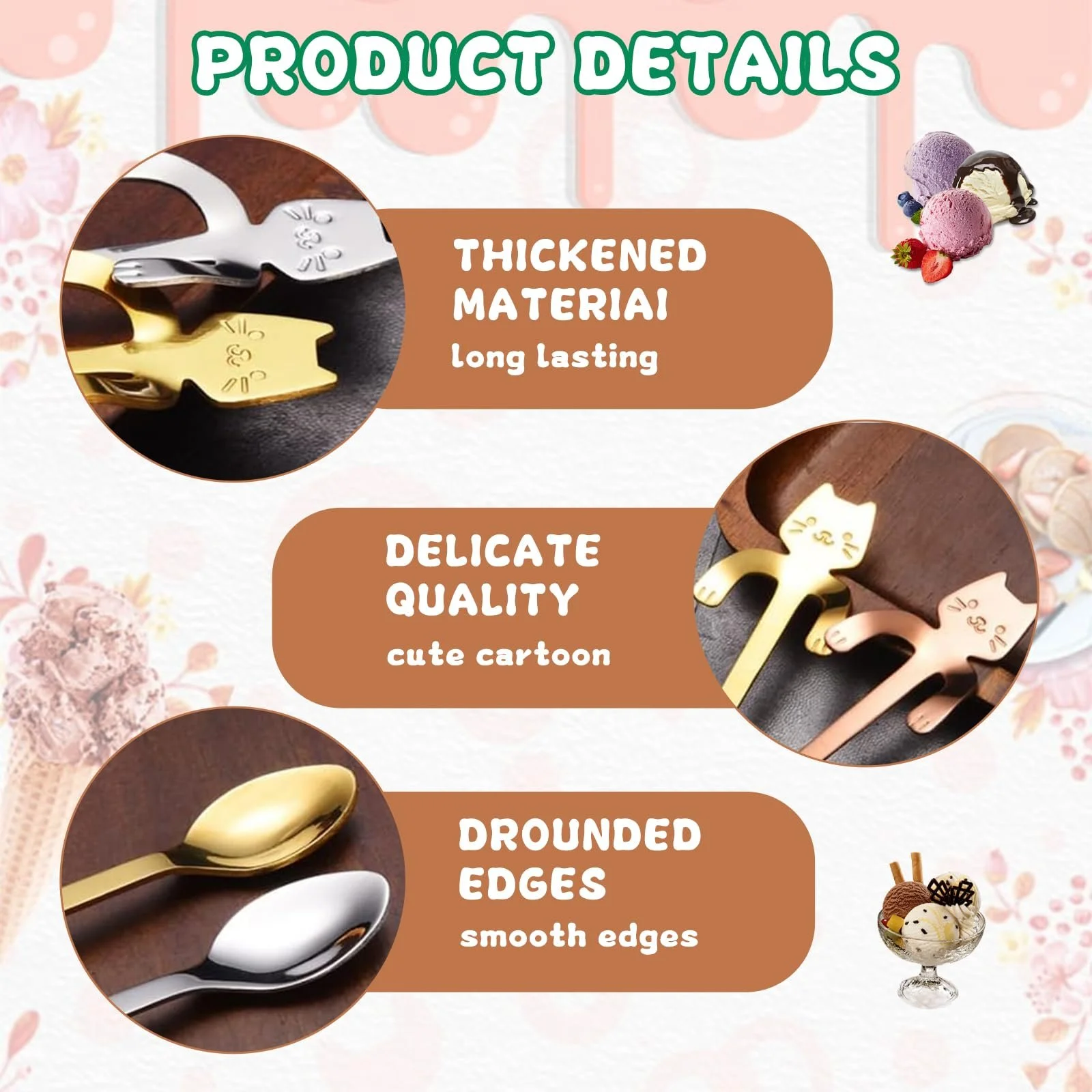 Кофейная ложка из нержавеющей стали, 5 штук, ложка для чая в форме кота, мини-ложка для размешивания воды, чая, молока, кофе, супа, сахара, десертов, закусок, специй, напитков, молочных коктейлей, фото №3