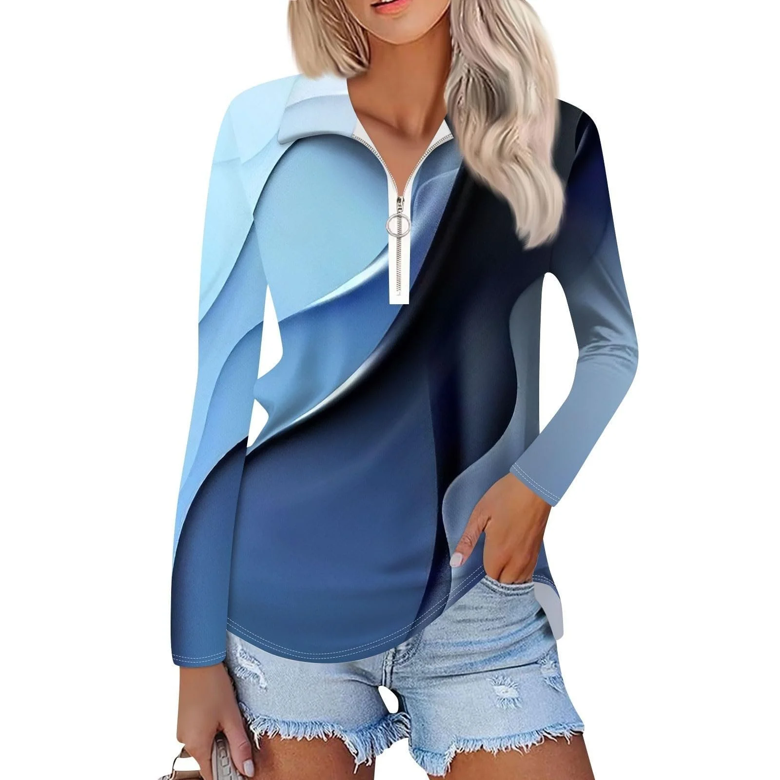 Праздничный женский свитшот 2024 Милый Зимний V-образный вырез Длинный рукав Топы на четверть молнии Летние футболки на молнии для мальчиков, фото №1