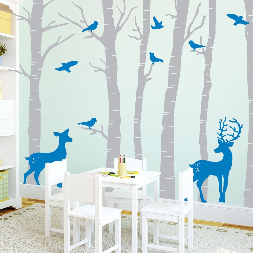 Наклейка на стіну Wandtattoo-Loft Стовбур берези з оленями та птахами 2 кольори 2 розміри, фото №3