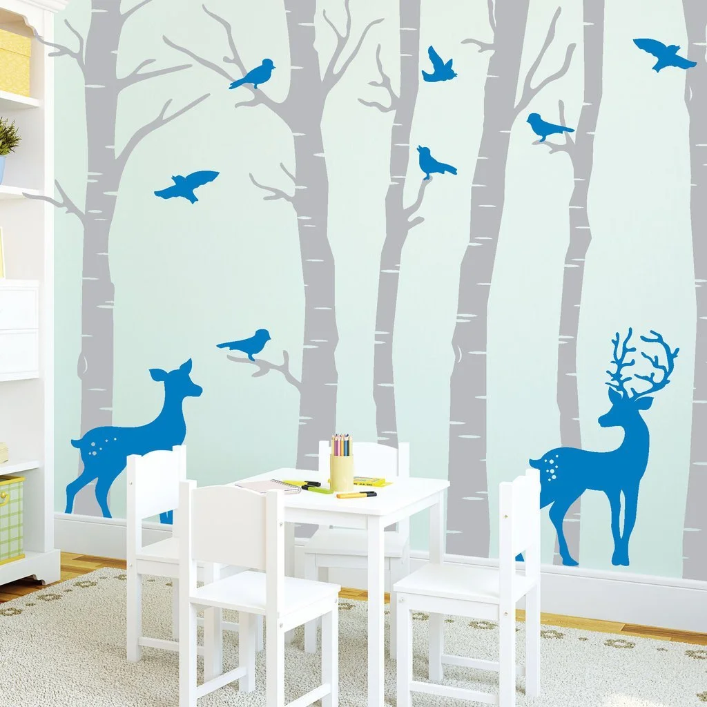 Наклейка на стену Wandtattoo-Loft Ствол березы с оленями и птицами 2 цвета 2 размера, фото №3