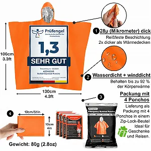 Пончо aZengear аварійне рятувальне, 4 шт, термальне, майларова фольга, з капюшоном, водонепроникне, вітрозахисне synthetic.ua - Фото 1
