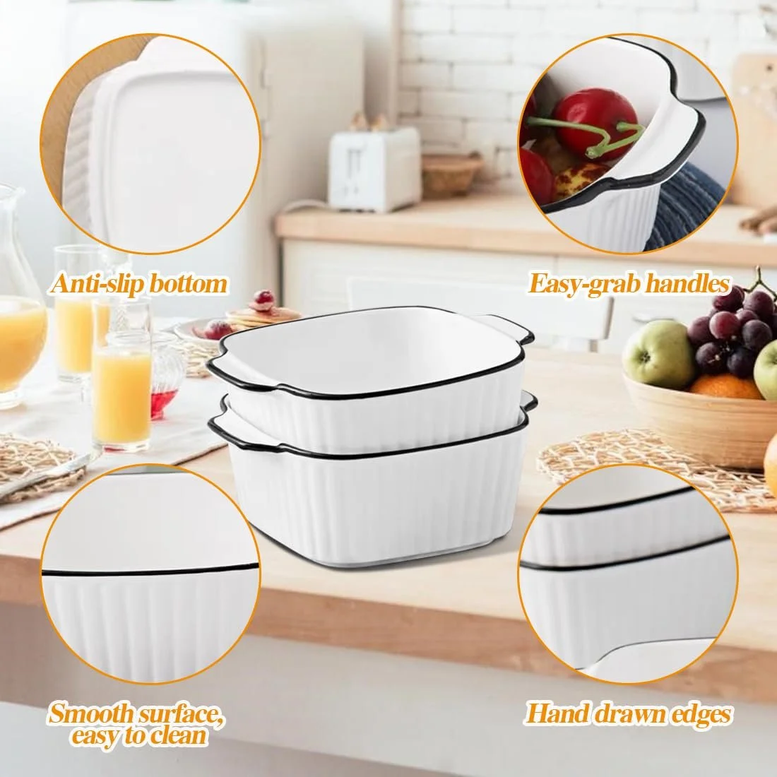 Набір форм для запікання керамічних квадратних з ручками 4 шт 14.5 x 11.5 x 5.5 см 400 мл, фото №3