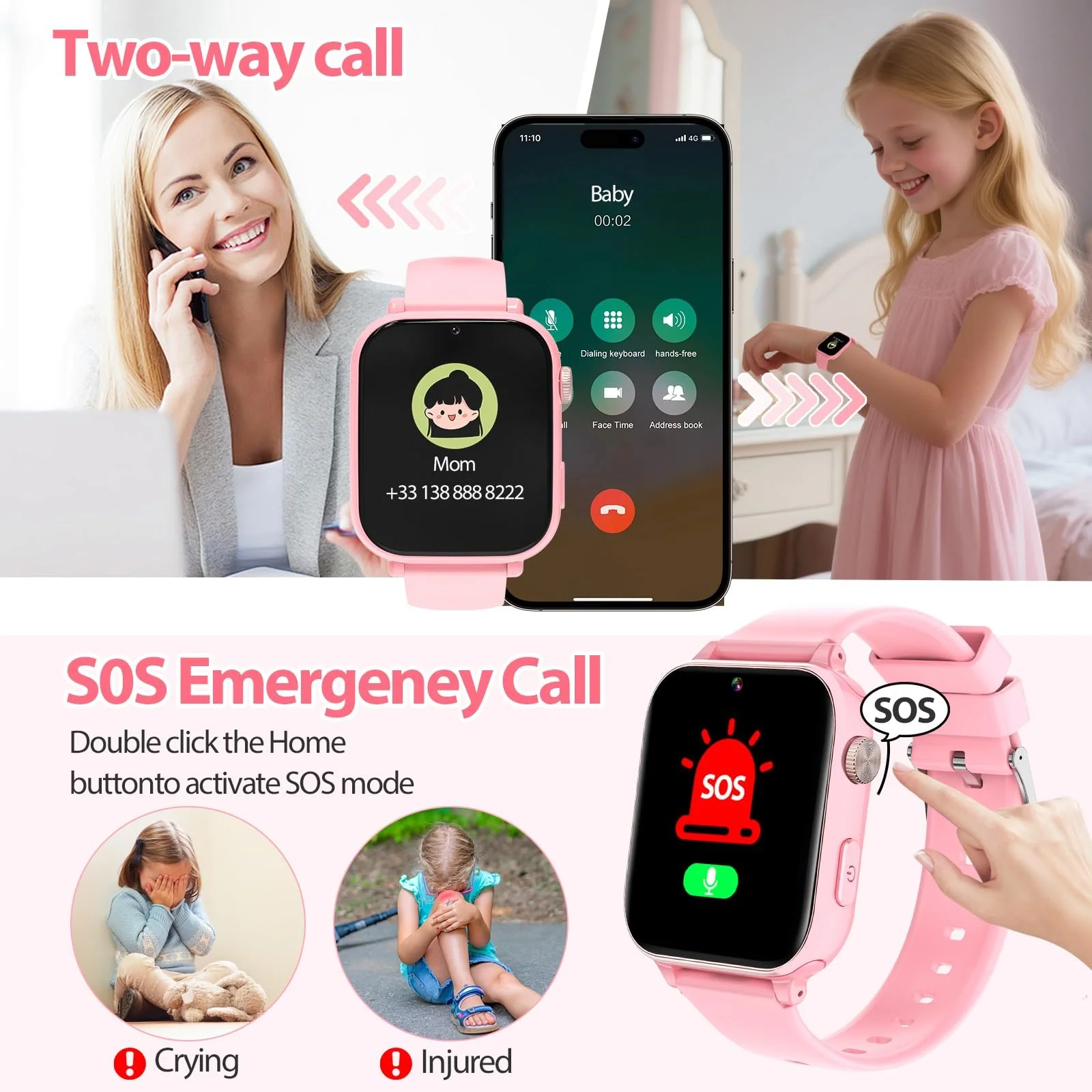Детские часы 4G Alutoria с видеозвонком и телефоном, WiFi/GPS/LBS трекер/SMS, принимающий SOS, школьный режим, будильник, от 4 лет, Фуксия, фото №2