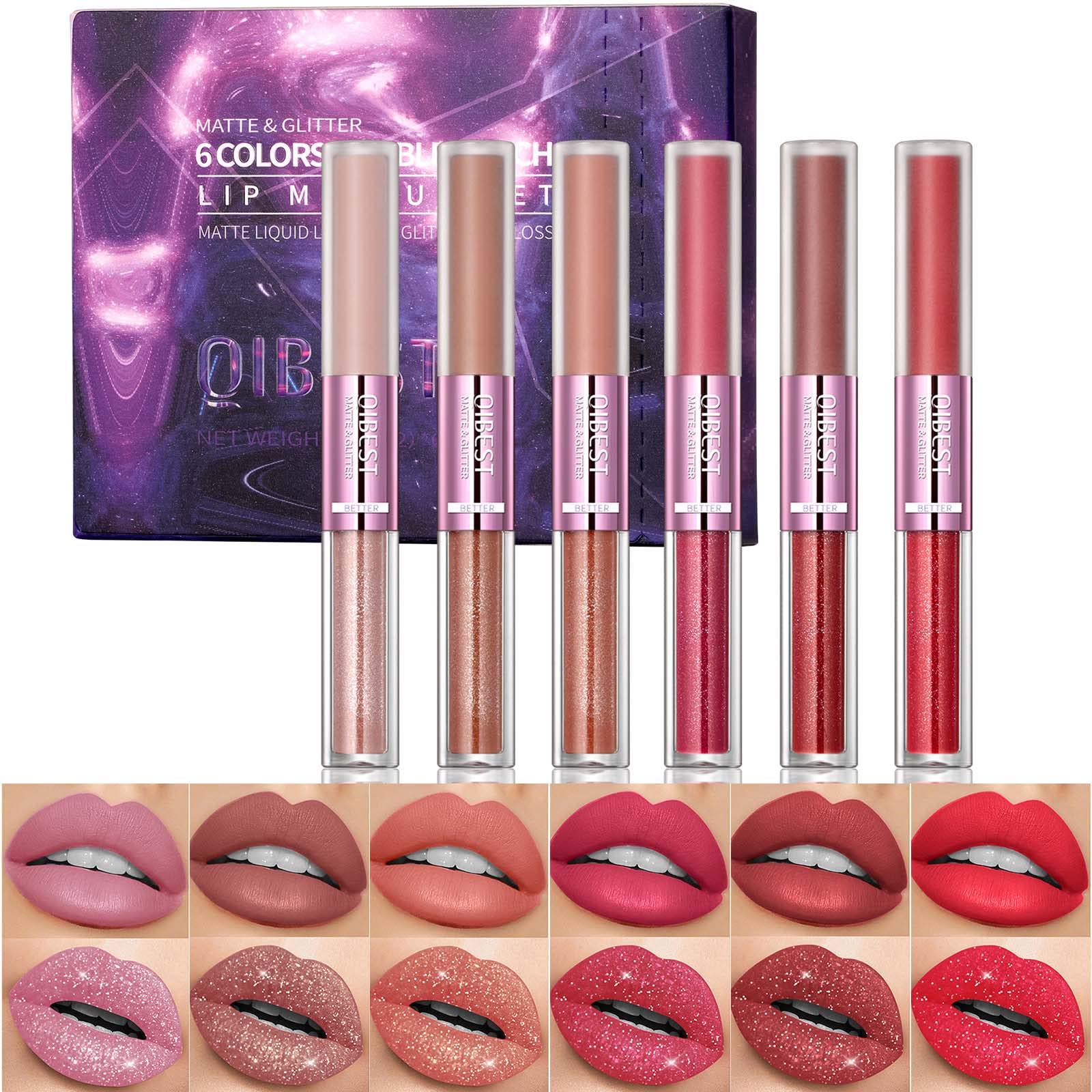 Блиск для губ Aseawave Matte Lipstick 6 шт + блиск для губ Glitter Lip Gloss 6 шт 2-in-1 24 годин стійкий Червоний з металевим блиском, фото №1
