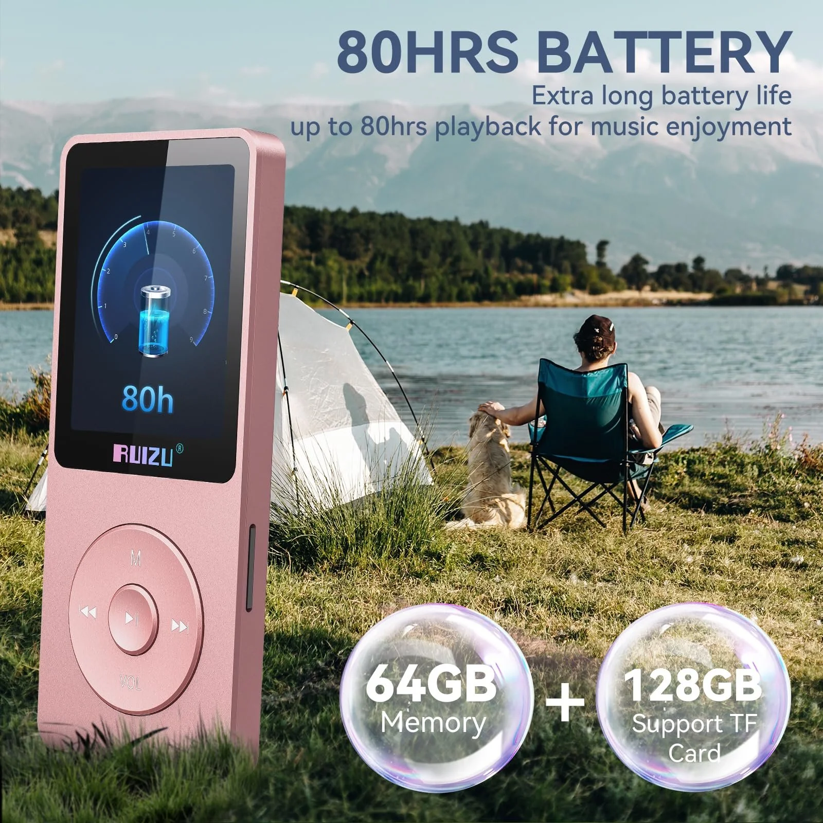 MP3 плеєр RUIZU 64GB з Bluetooth 5.3, екран 1.8 дюйма, FM-радіо, запис голосу, електронна книга, повтор одного треку, відтворення аудіо/відео 80 годин, підтримка TF-карти 128GB, фото №5