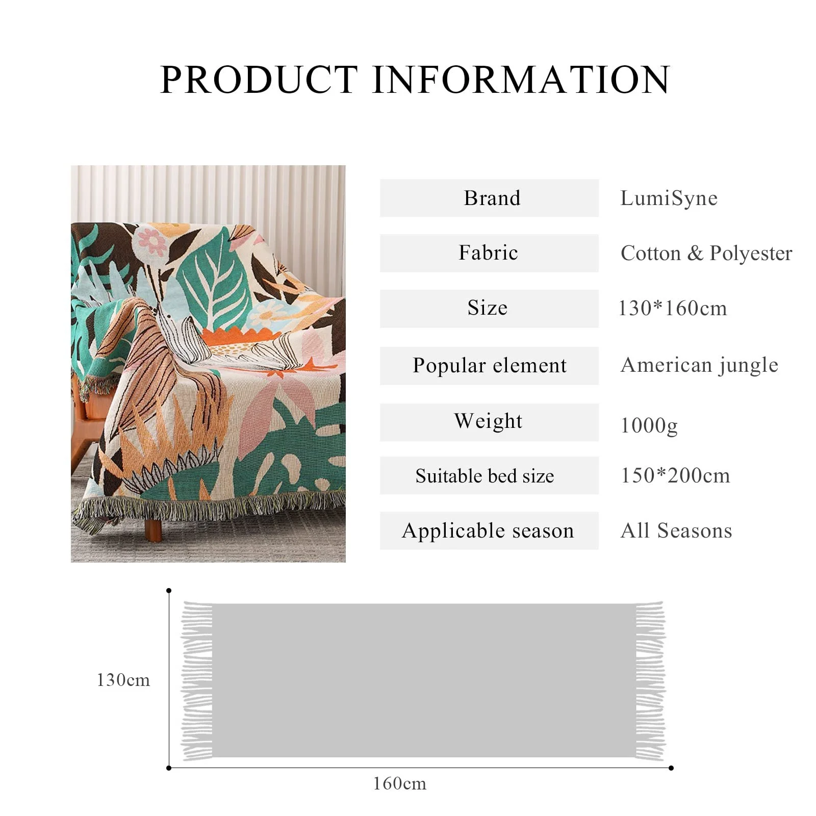 Покрывало Тканое LumiSyne Двустороннее Хлопковое с Кисточками Jungle Богемный Стиль Гобелен Декоративное Покрывало для Кровати Дивана Кресла Кемпинга Скатерть Ковер 160 x 130 см, фото №7 Покрывало Тканое LumiSyne Двустороннее Хлопковое с Кисточками Jungle Богемный Стиль Гобелен Декоративное Покрывало для Кровати Дивана Кресла Кемпинга Скатерть Ковер 160 x 130 см, фото №7