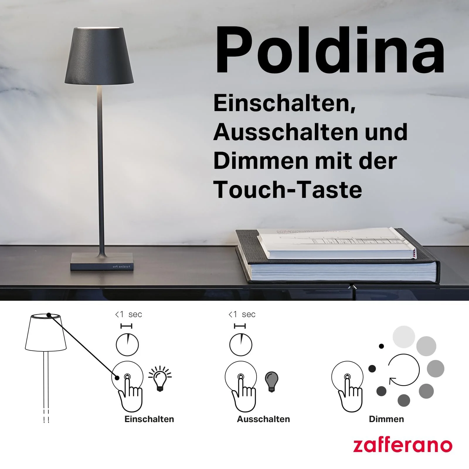 Настільна лампа Zafferano Poldina Pro Gold Leaf Wireless Rechargeable Touch Dimmer 2200-3000 К 38 см Золота, фото №6