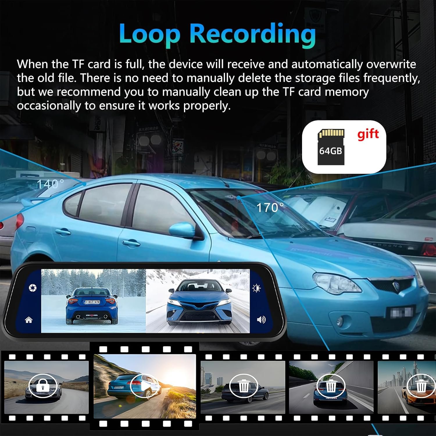 Відеореєстратор Podofo / Full HD / 170° / Wi-Fi / Bluetooth / 64ГБ вбудованої пам'яті / Сенсорний дисплей / Чорний, фото №4