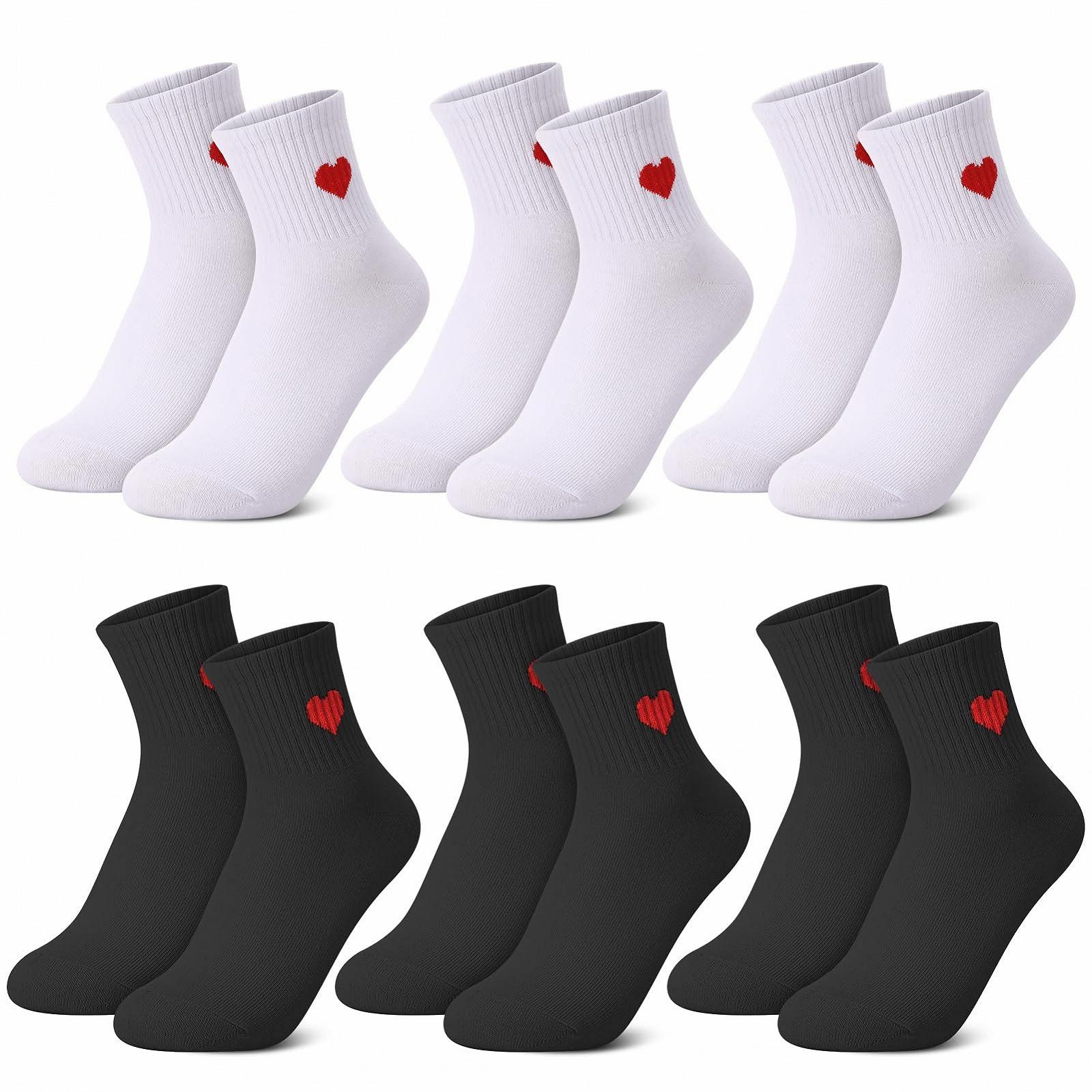 Женские носки с красным сердцем, теннисные носки с сердечками, размер 36-40, спортивные носки из хлопка, стильные носки, носки с рисунком, спортивные носки (6 пар), фото №1