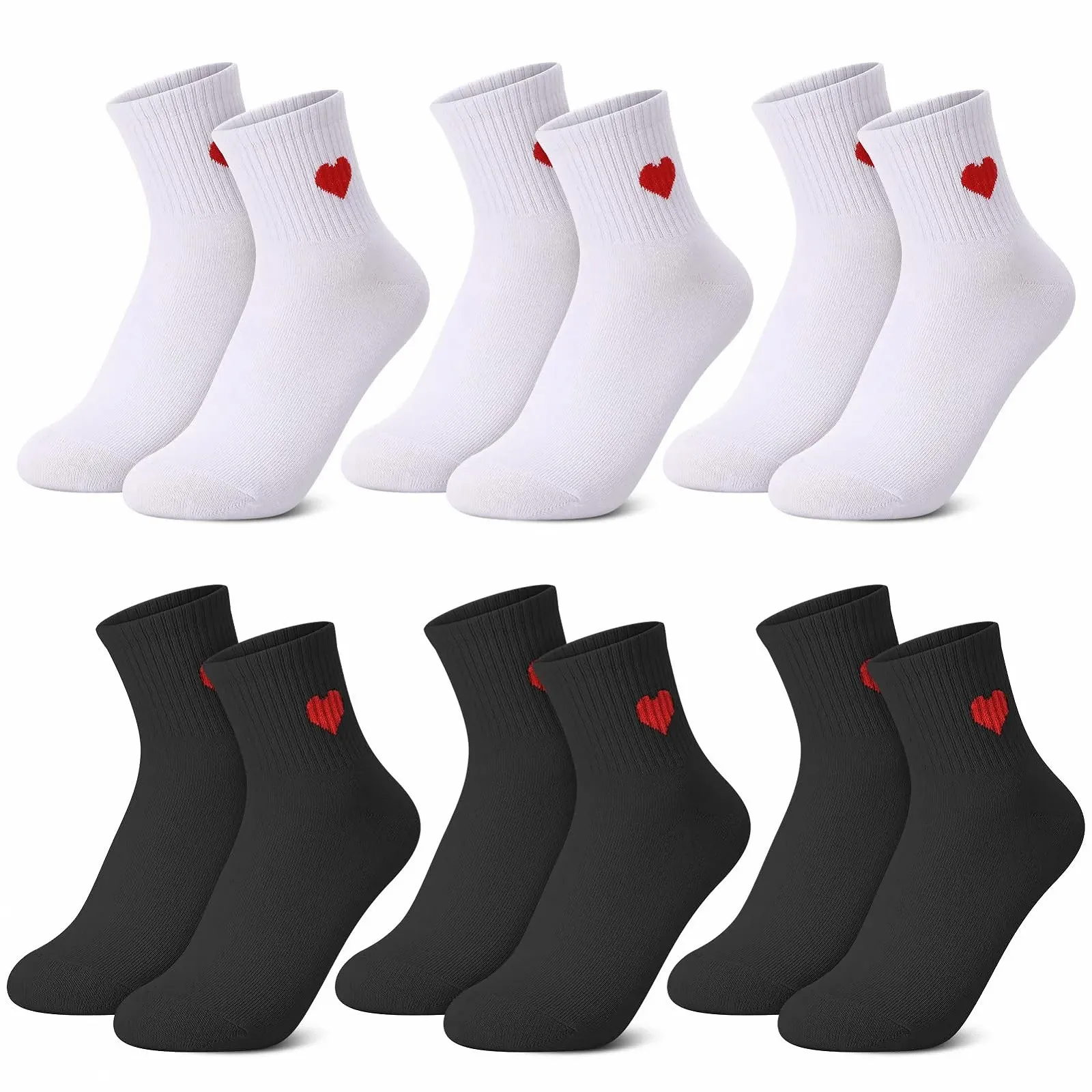 Женские носки с красным сердцем, теннисные носки с сердечками, размер 36-40, спортивные носки из хлопка, стильные носки, носки с рисунком, спортивные носки (6 пар), фото №1