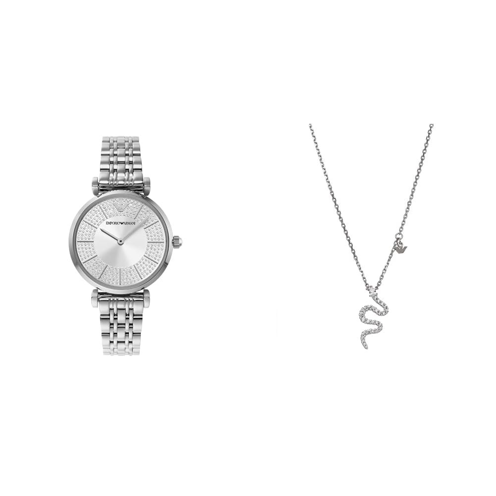 Женские часы EMPORIO ARMANI Серебристые нержавеющая сталь и ожерелье, набор, фото №1