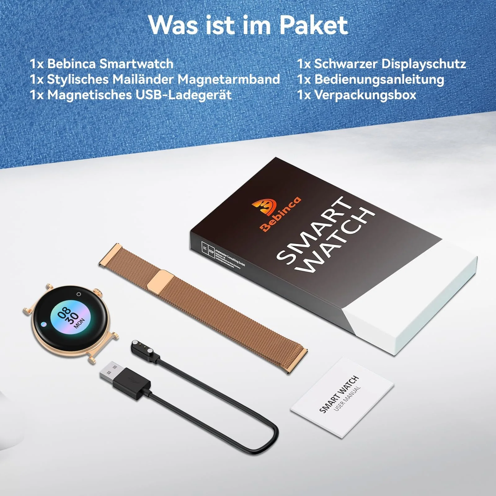 Умные часы Bebinca Женские, 1.32-дюймовый HD квадратный сенсорный экран, розовое золото, фото №8