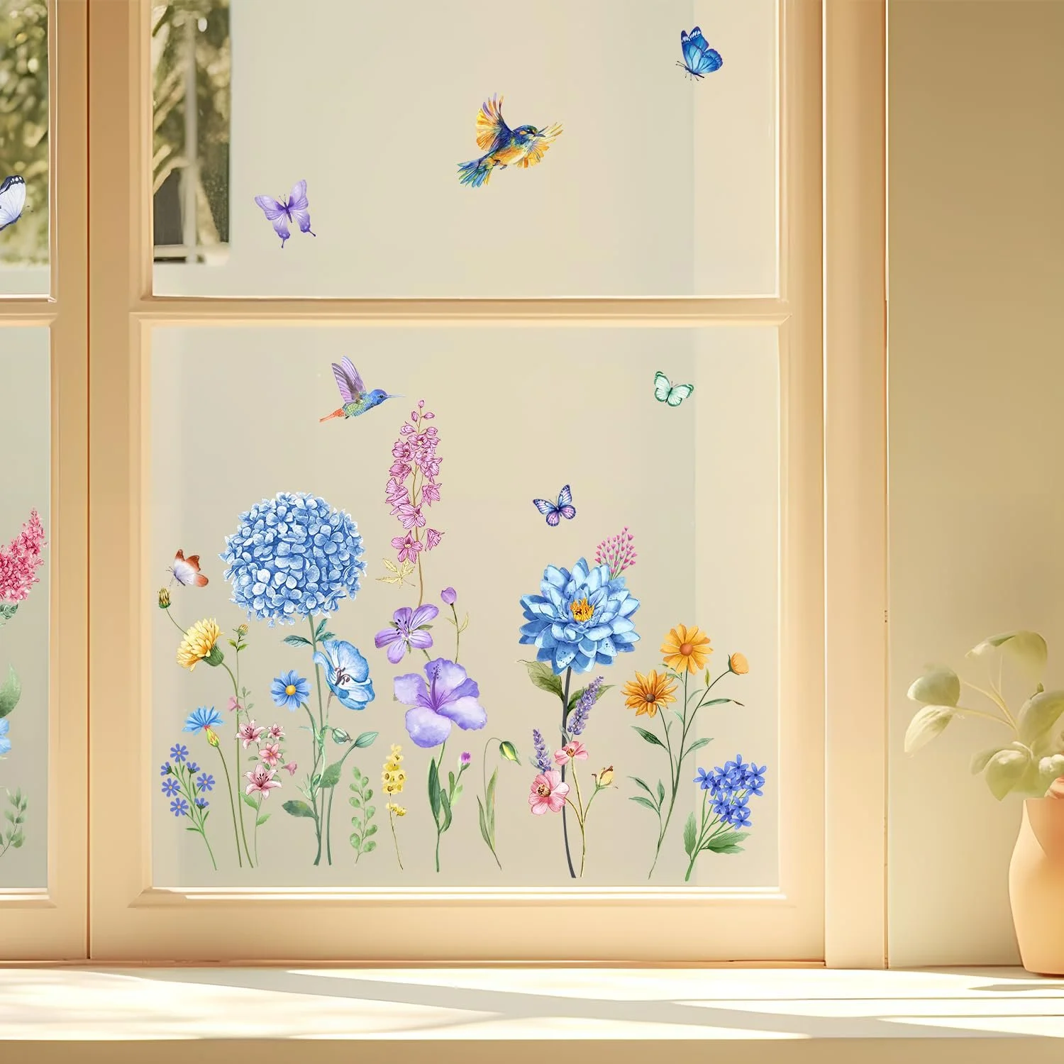 Наклейка на стіну Blue Flower and Bird знімна квіти та метелики вінілова Блакитна 90x30 см (2 шт.), фото №7