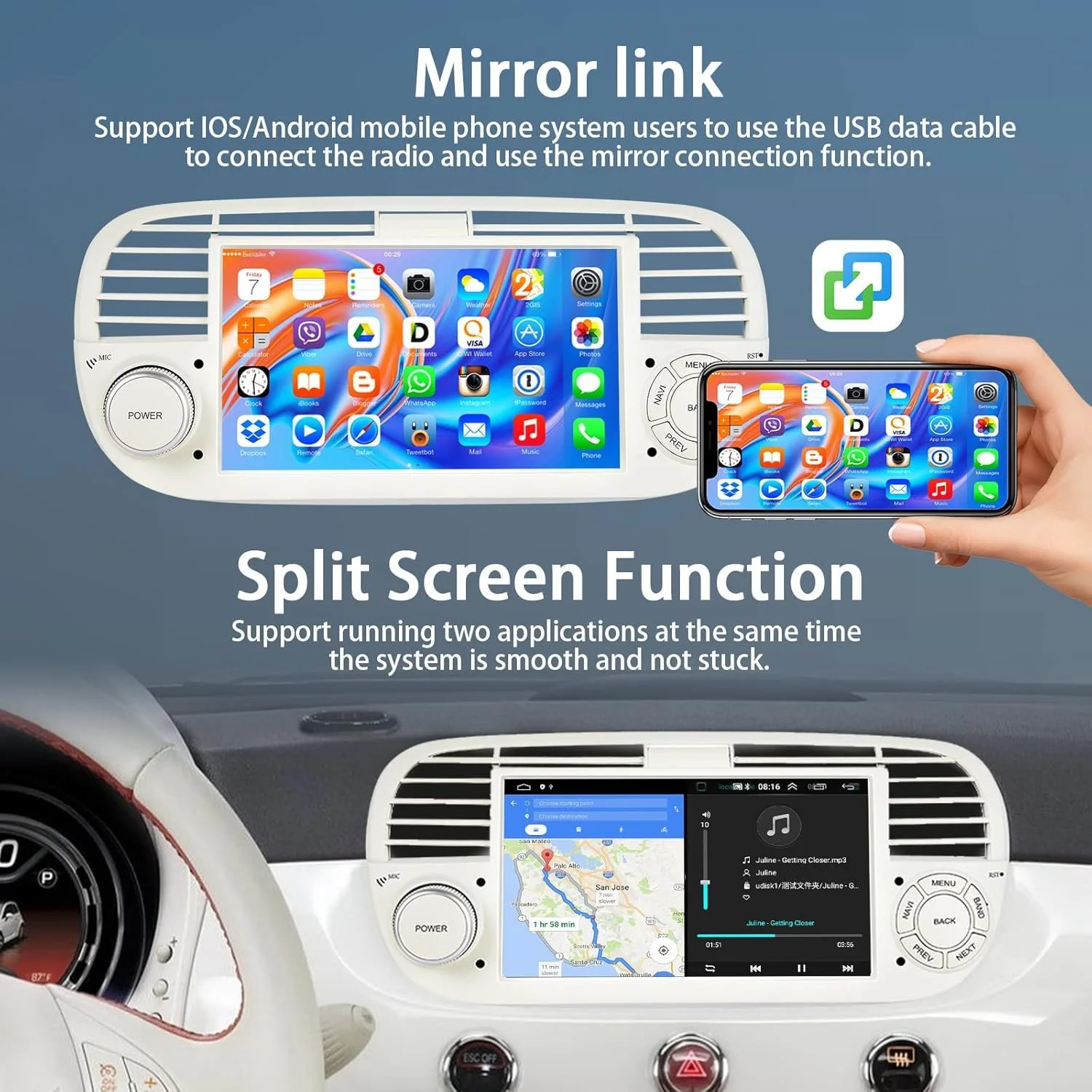 Штатная автомагнитола Podofo для Fiat 500 2007-2015 / 7" / Сенсорная / 2/32Гб / Android 13 / Bluetooth / WI-FI / GPS / USB, фото №2