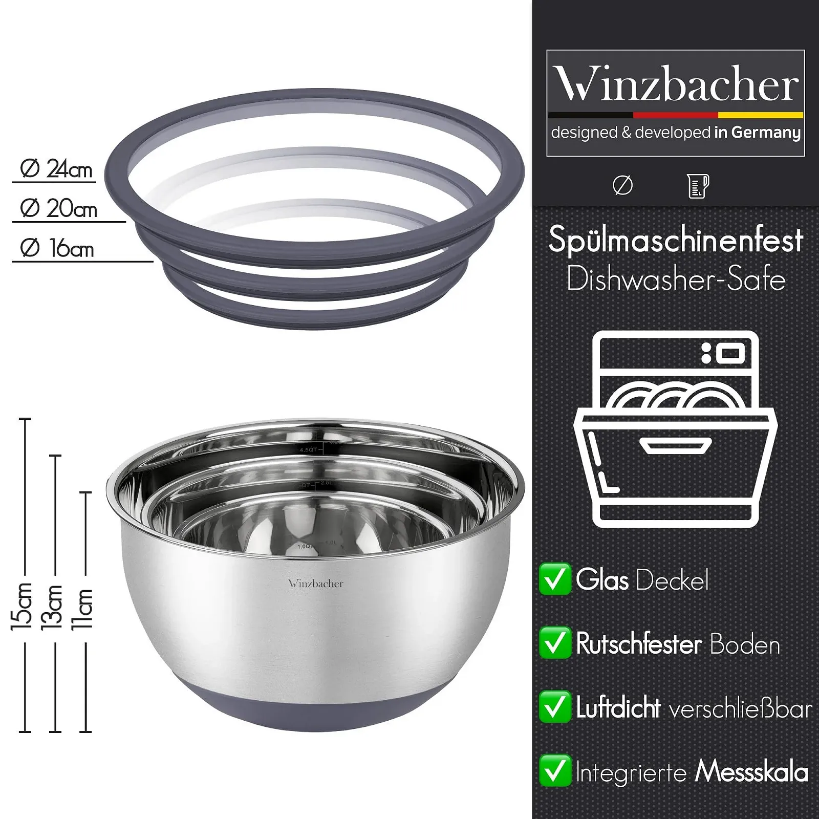 Набор мисок для смешивания Winzbacher 3 предмета 1 л + 2.5 л + 4.5 л со стеклянными крышками Стальной, фото №2 Набор мисок для смешивания Winzbacher 3 предмета 1 л + 2.5 л + 4.5 л со стеклянными крышками Стальной, фото №2