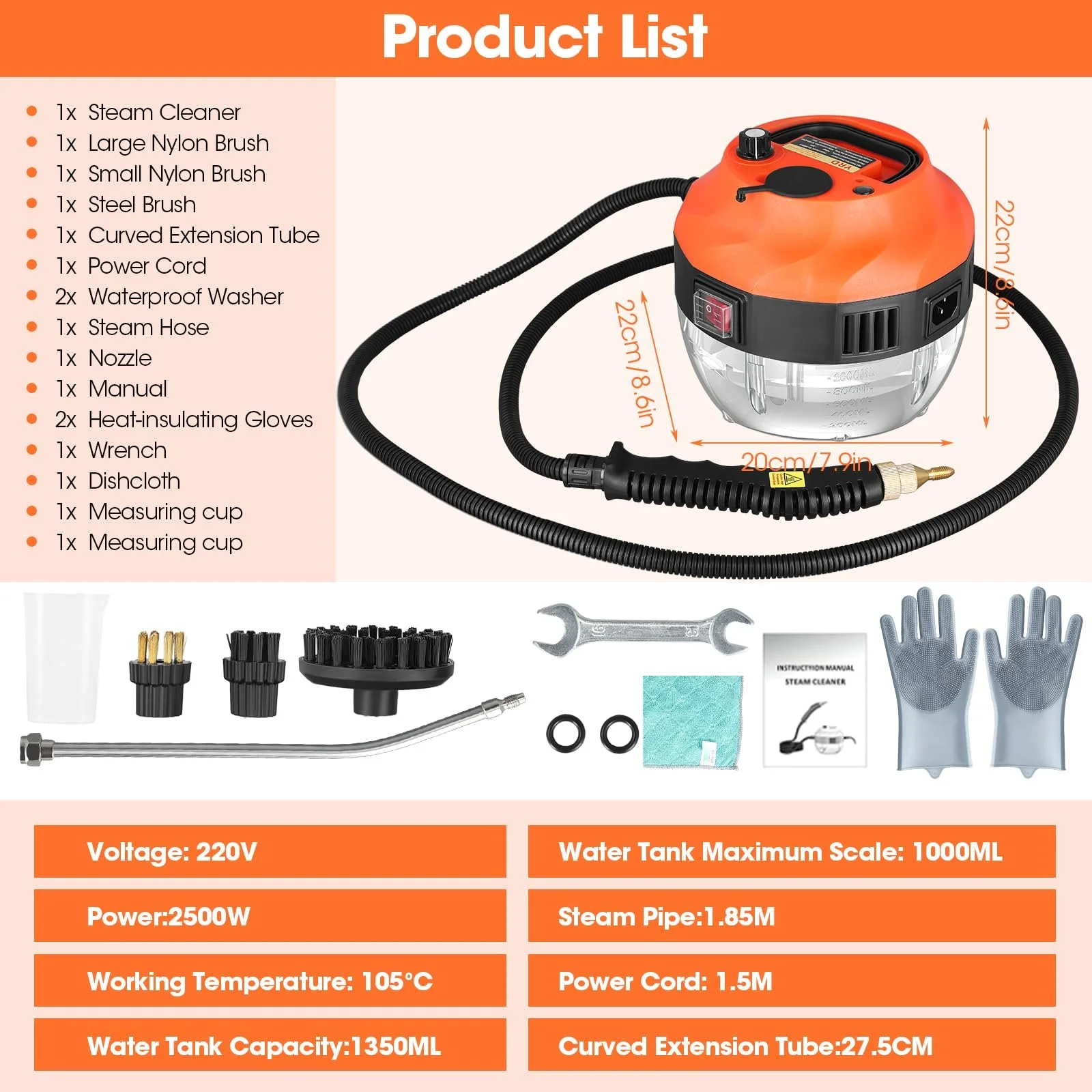Пароочисник побутовий 2500W 1350 ml 3 bar ручний, фото №2