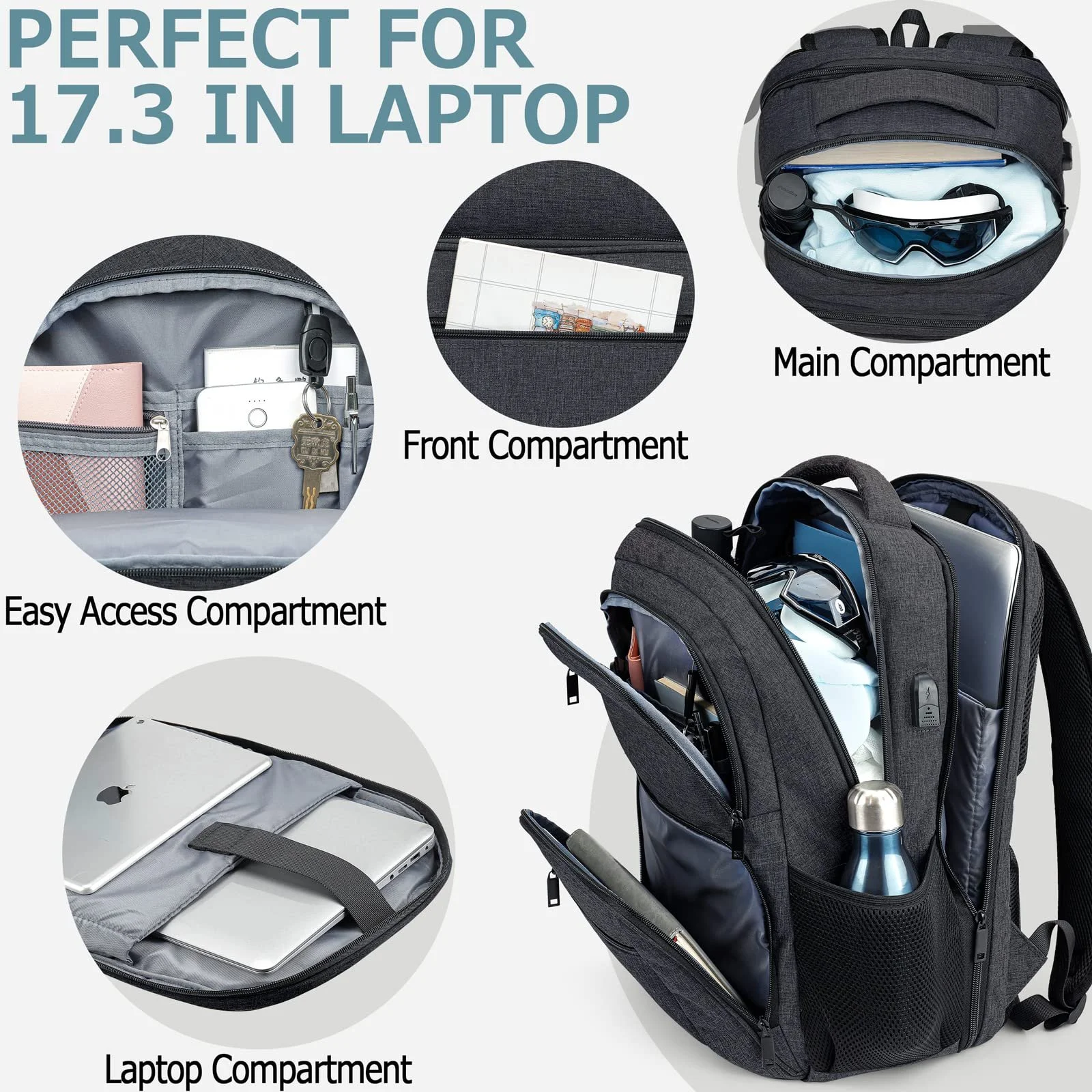 Рюкзак для ноутбука TSA 17.3" 25-40L водонепроницаемый с USB портом Grey, фото №3 Рюкзак для ноутбука TSA 17.3" 25-40L водонепроницаемый с USB портом Grey, фото №3