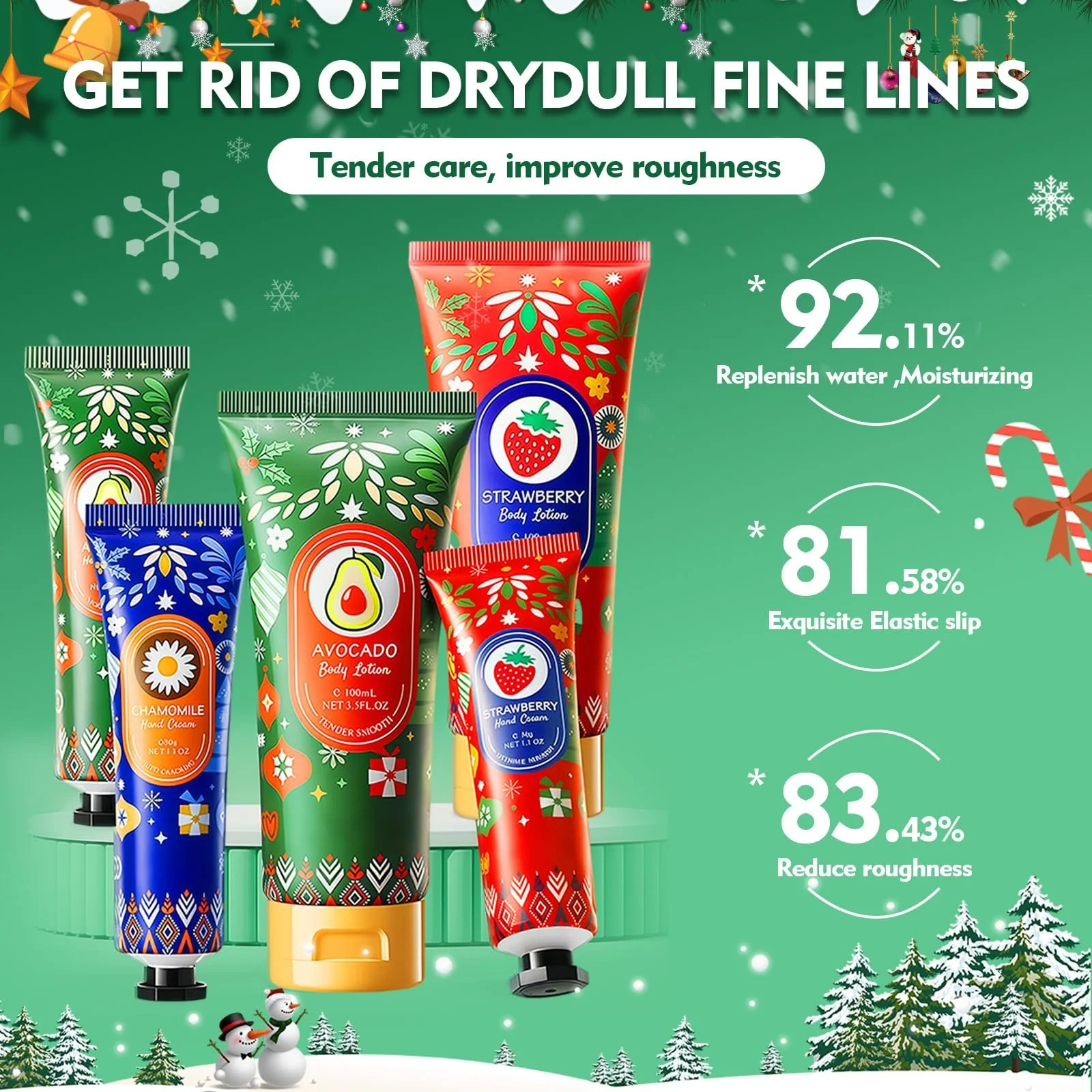 Набор подарочный Крем для рук и лосьон для тела Рождественский, с 3 кремами для рук и 2 кремами для тела, Мини крем для рук, Увлажняющий крем для сухих потрескавшихся рук и тела на зиму, Зимний подарок для женщин / мужчин / мам, фото №2