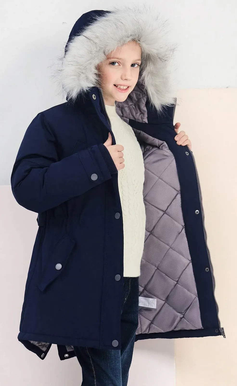 Зимове пальто для дівчат SOLOCOTE, подовжене, тепле, з капюшоном та знімним хутряним коміром, фото №3