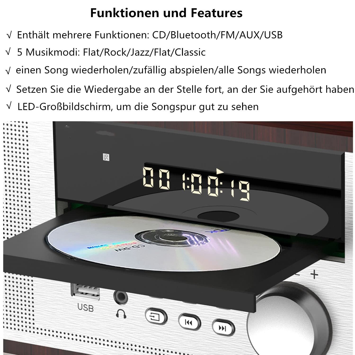 Вінтажна мікро Hi-Fi система CD стереосистема Mini Component 40 Вт RMS FM/Bluetooth-сумісний/USB/AUX/Дистанційне керування/Роз'єм для навушників, сумісний із джерелом звуку високої роздільної здатності, сріблястий, дерево, фото №4